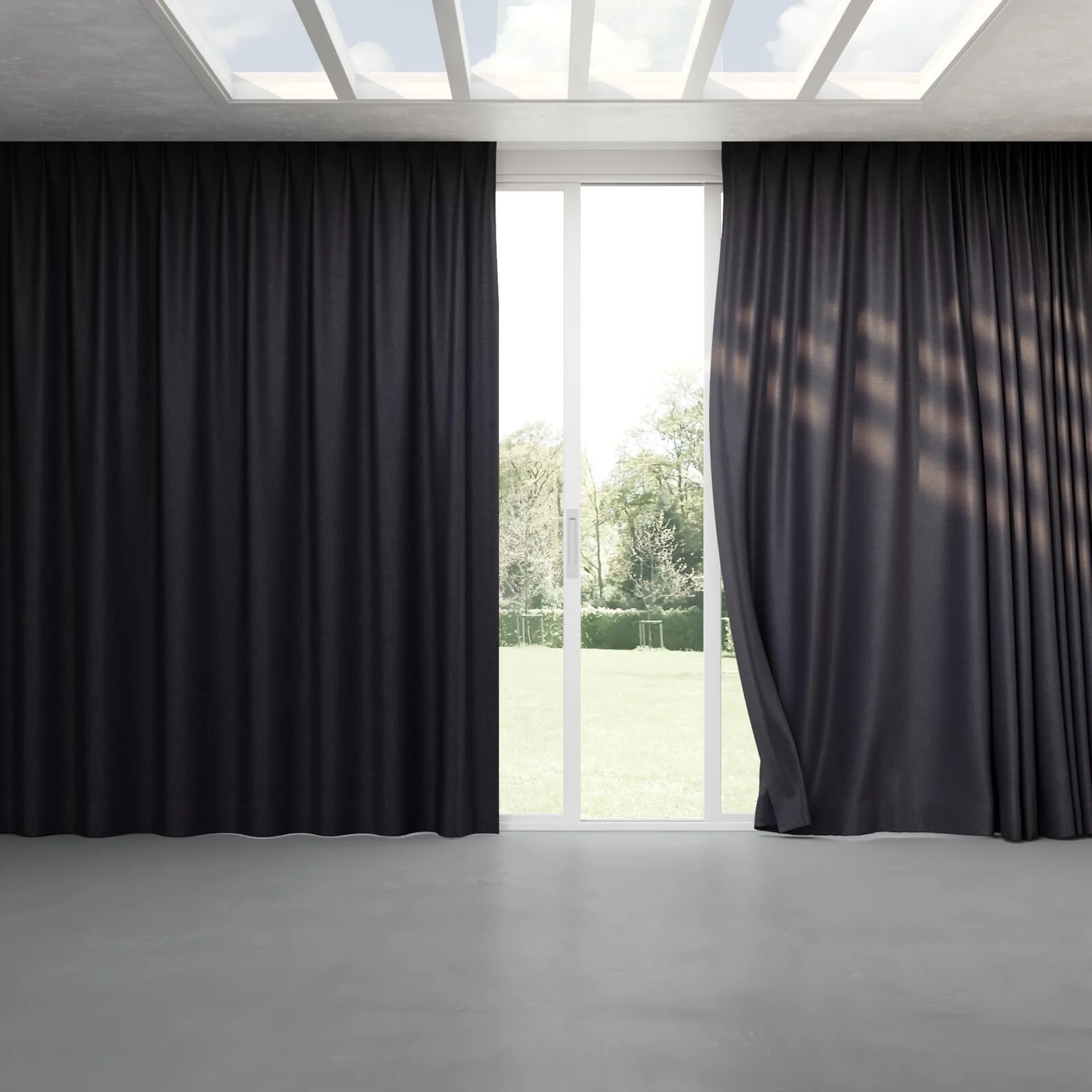 Full view of Drama Pewter, pinch pleat