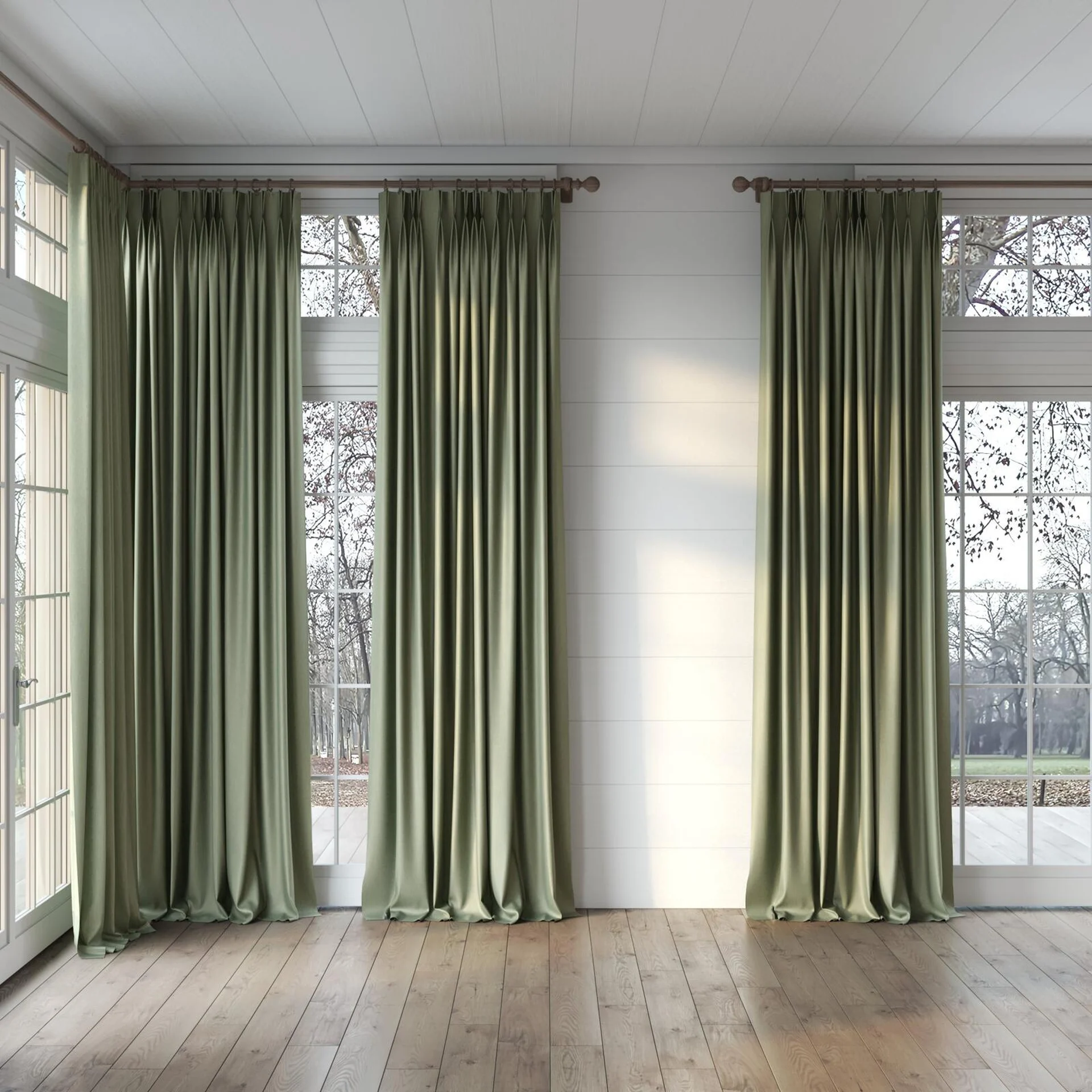 Full view of Re-Boot Olive, puddled, on curtain rod