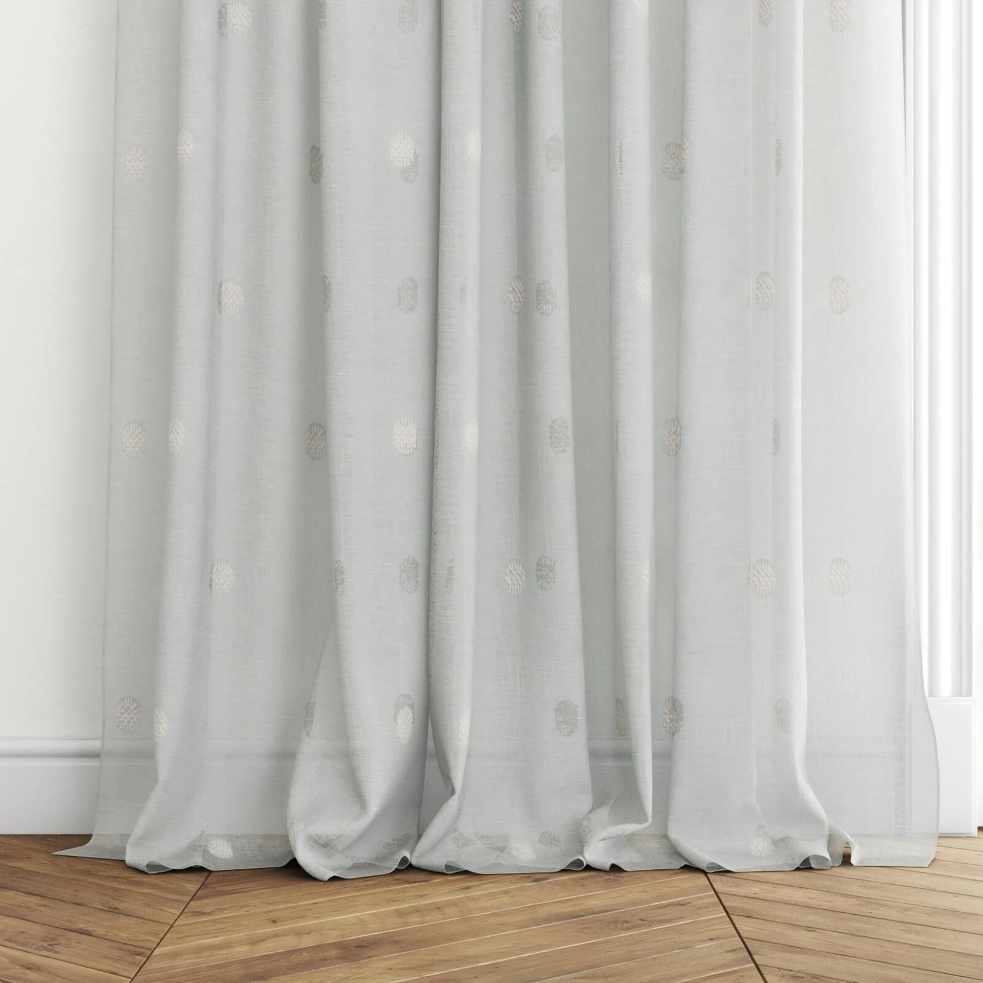 Bottom view of Gentle Dew, puddled with pinch pleat, on curtain rod