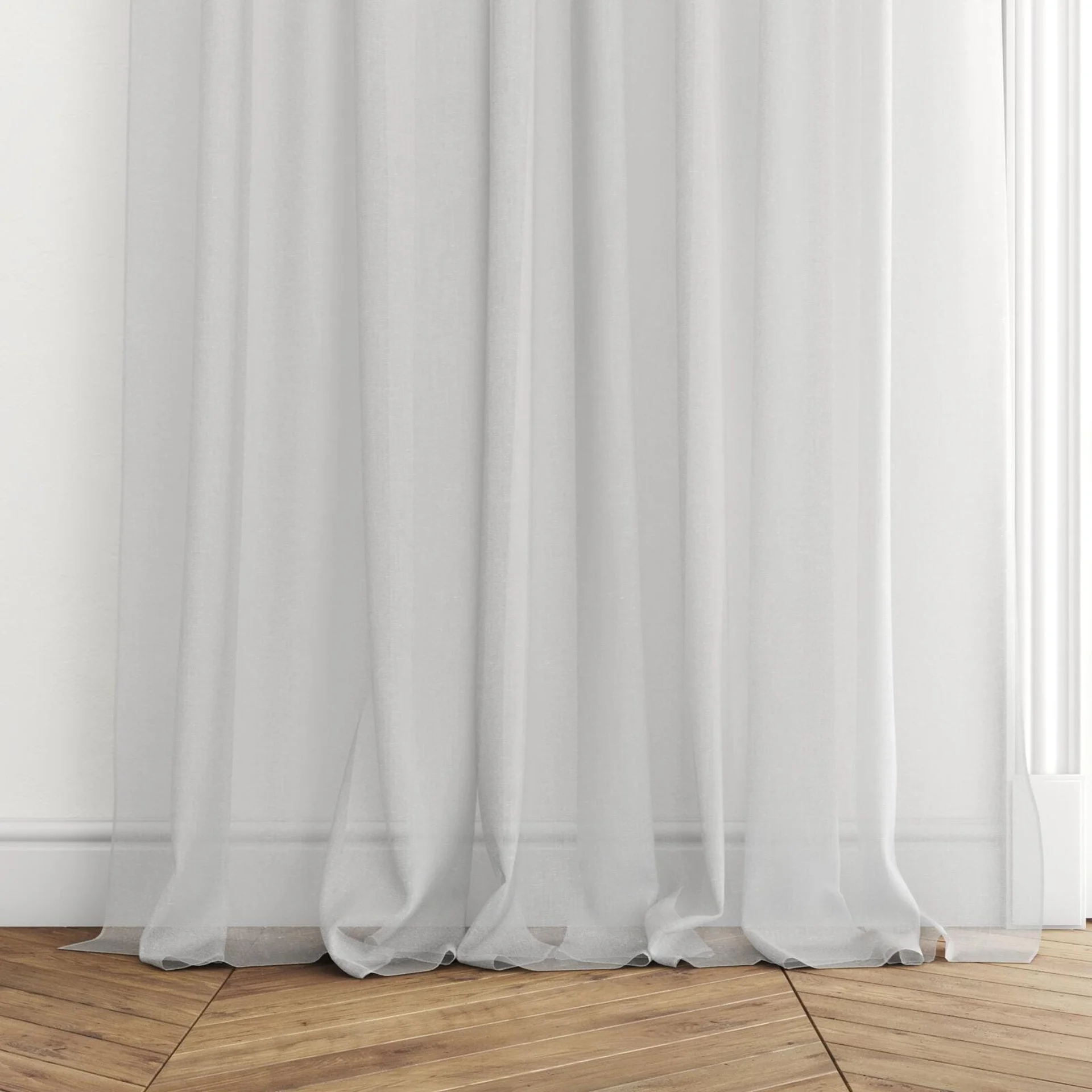 Bottom view of Distill Feather, puddled with pinch pleat, on curtain rod