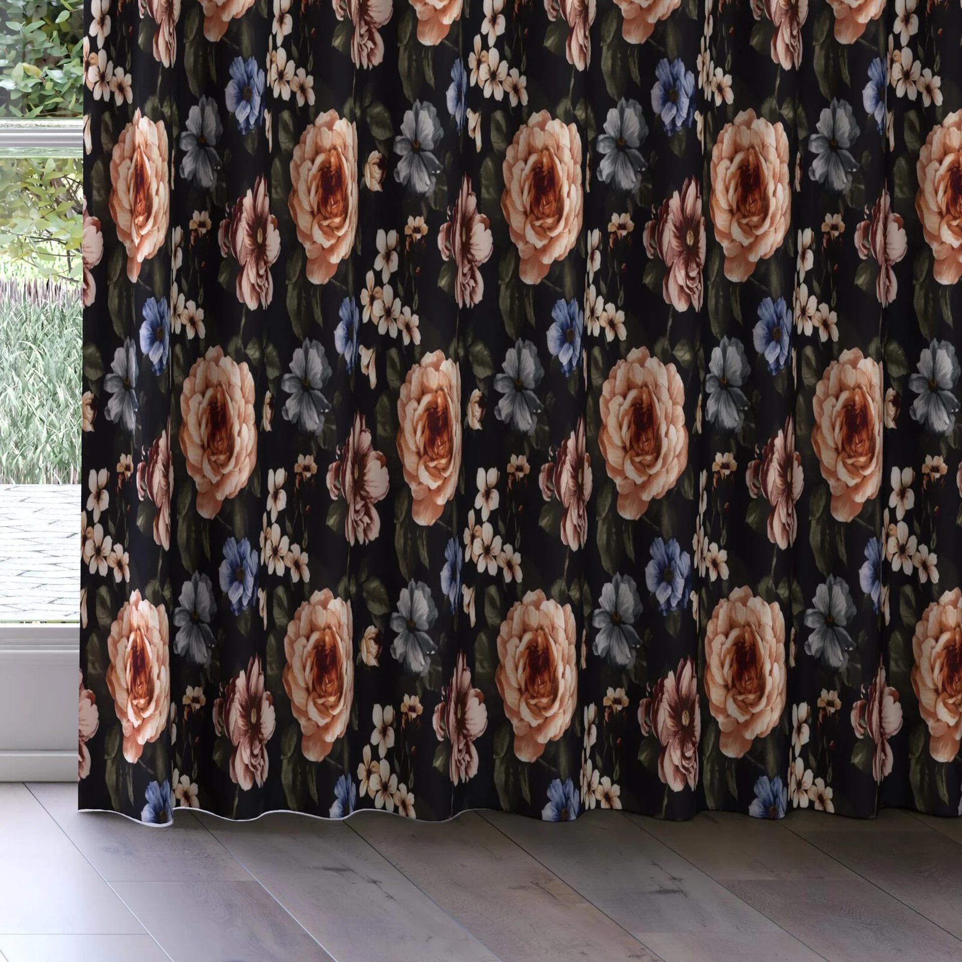 Bottom view of Miriam Midnight, on curtain rail