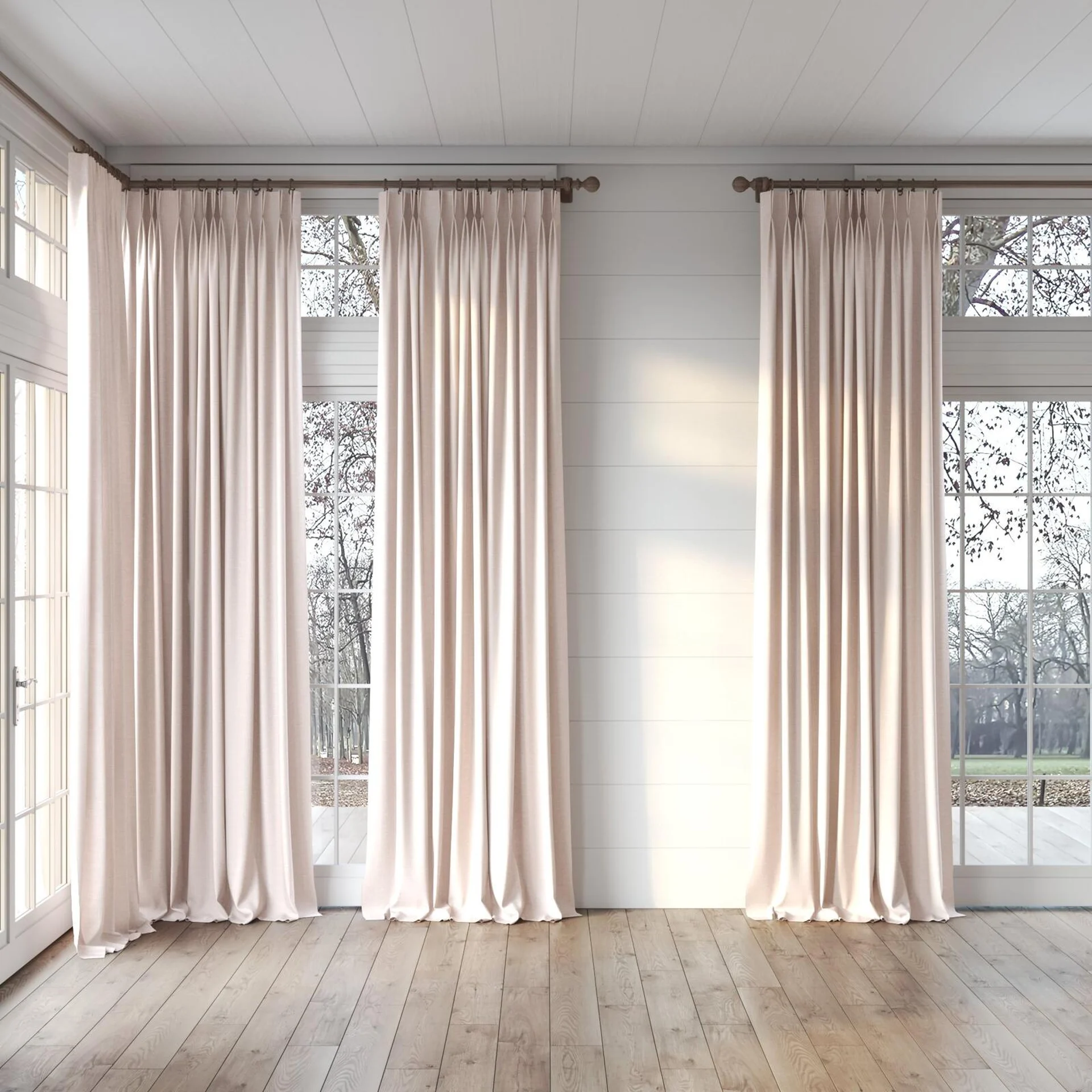 Full view of Artemis Blush, puddled, on curtain rod