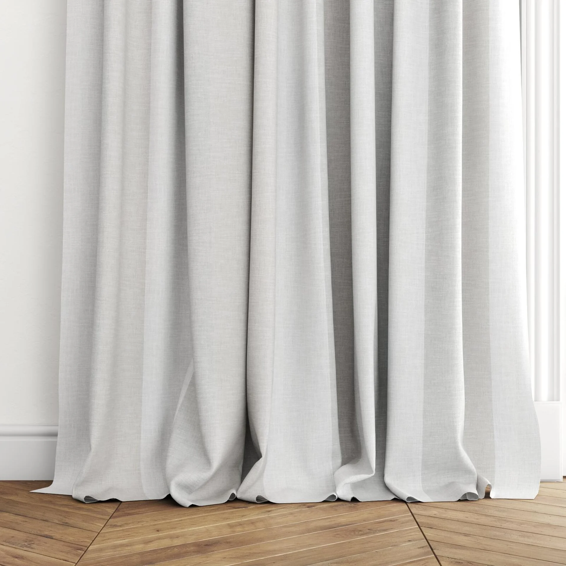 Bottom view of Tully Limestone, puddled with pinch pleat, on curtain rod