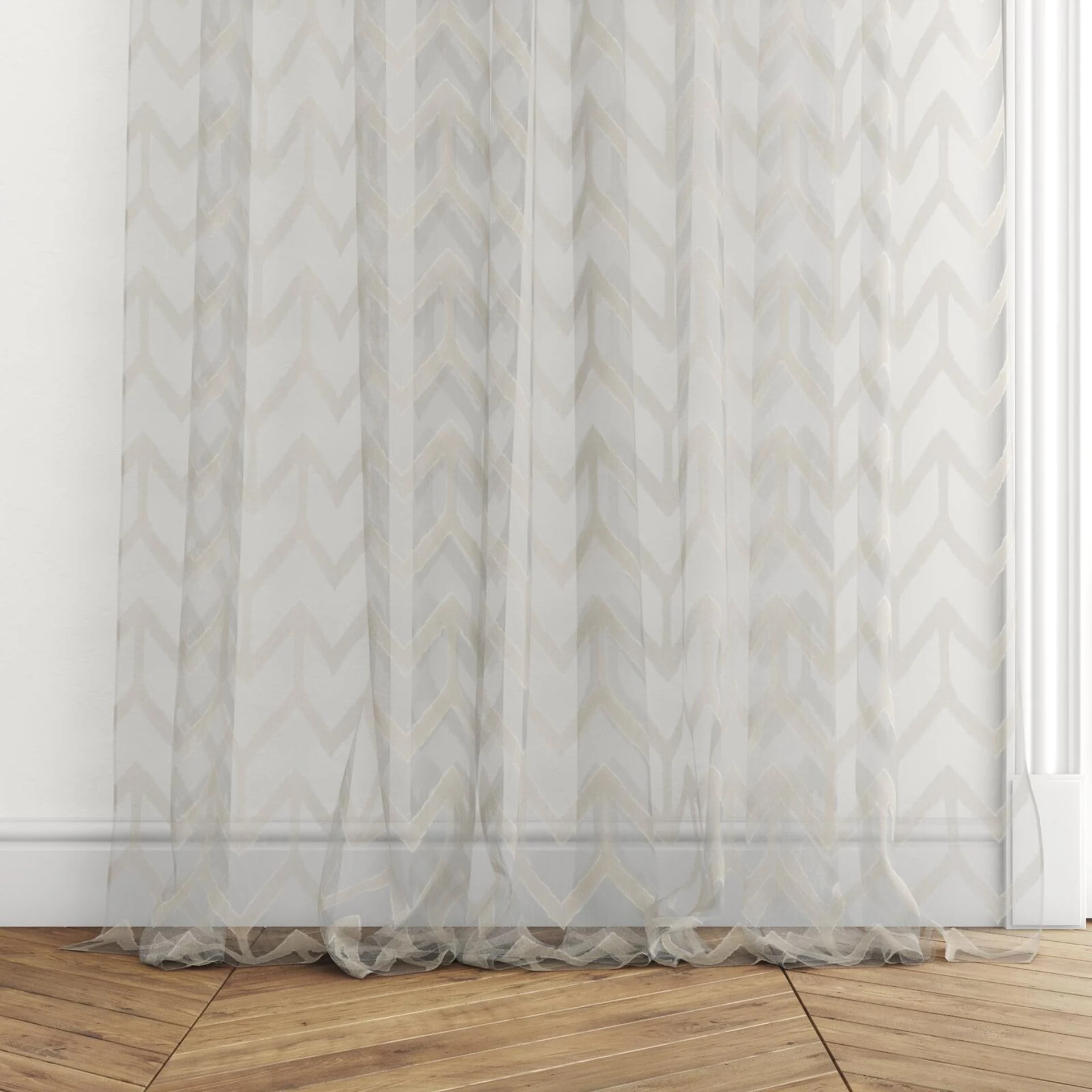 Bottom view of Fauvism Sand, puddled with pinch pleat, on curtain rod