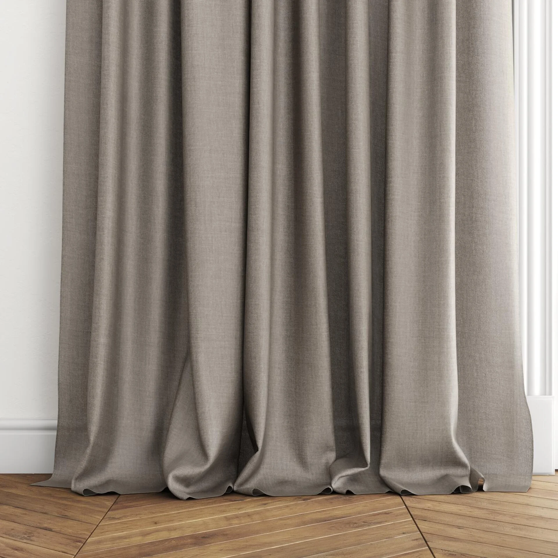 Bottom view of Uru Cement, puddled with pinch pleat, on curtain rod