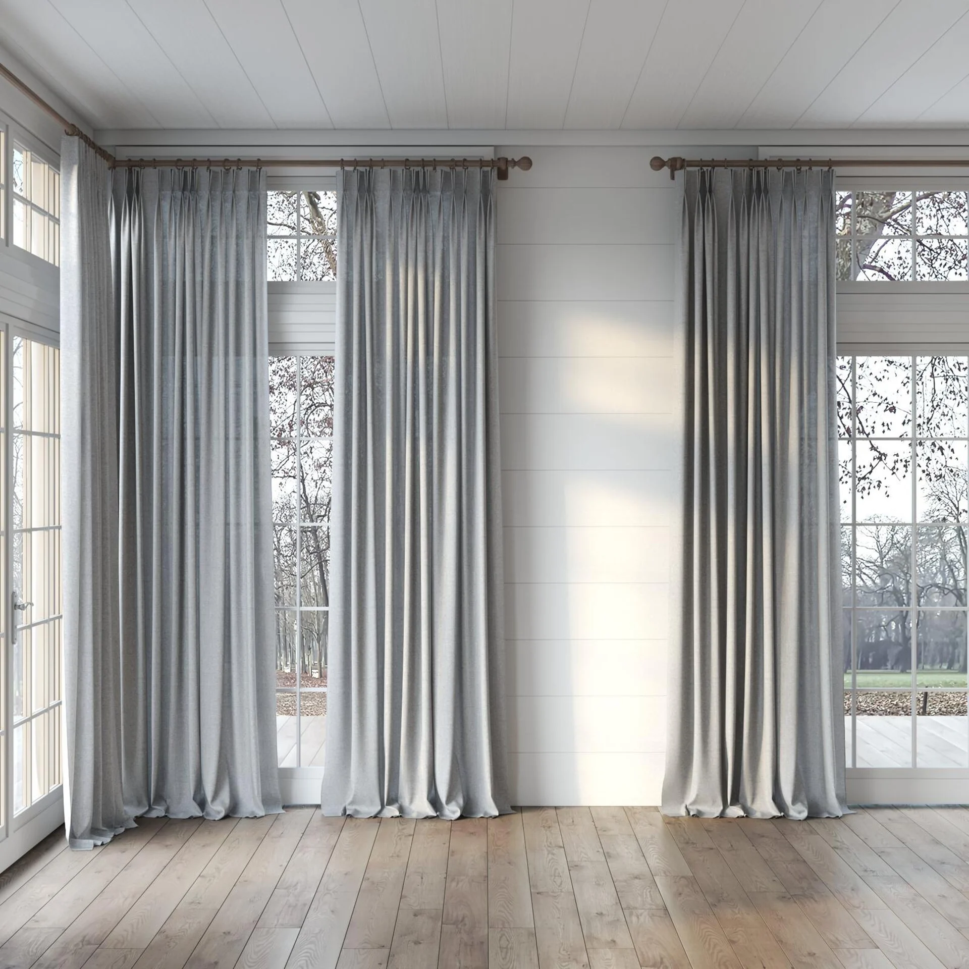 Full view of Envoy 2 Mineral 320cm, puddled, on curtain rod