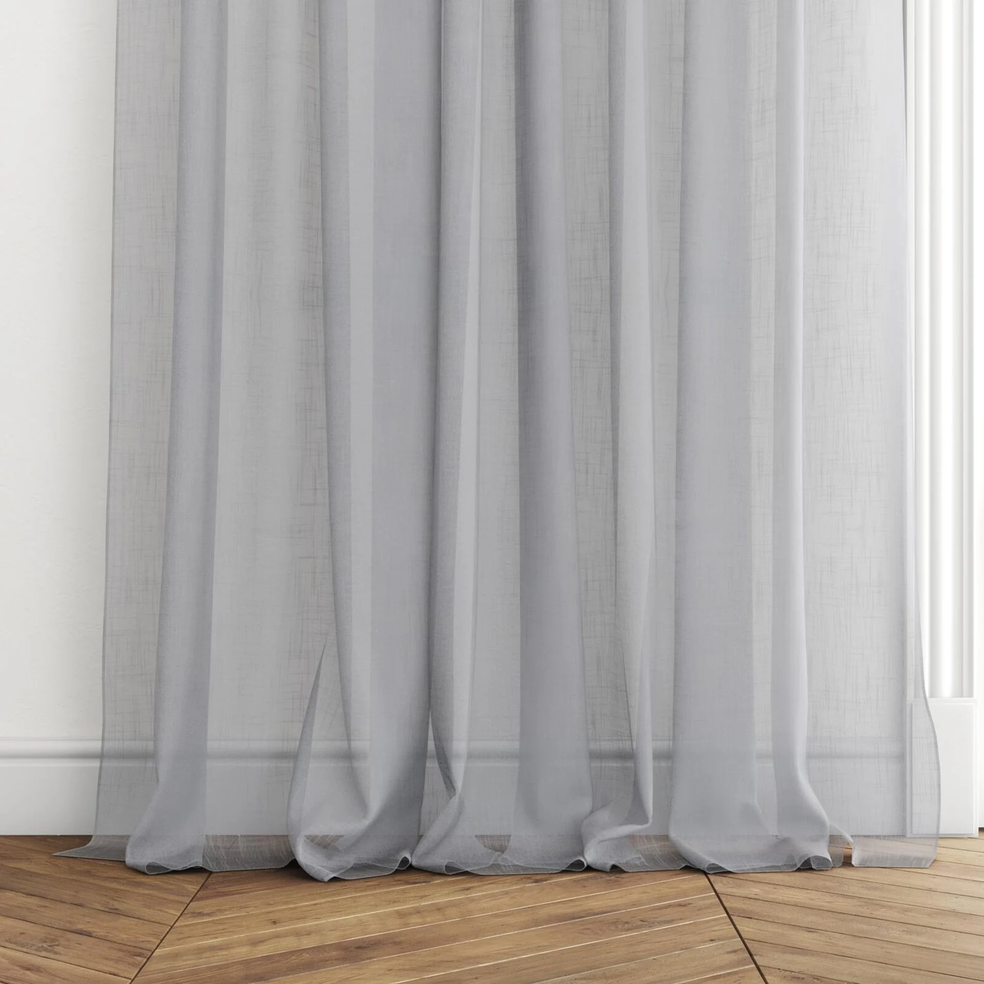 Bottom view of Attica Cement, puddled with pinch pleat, on curtain rod