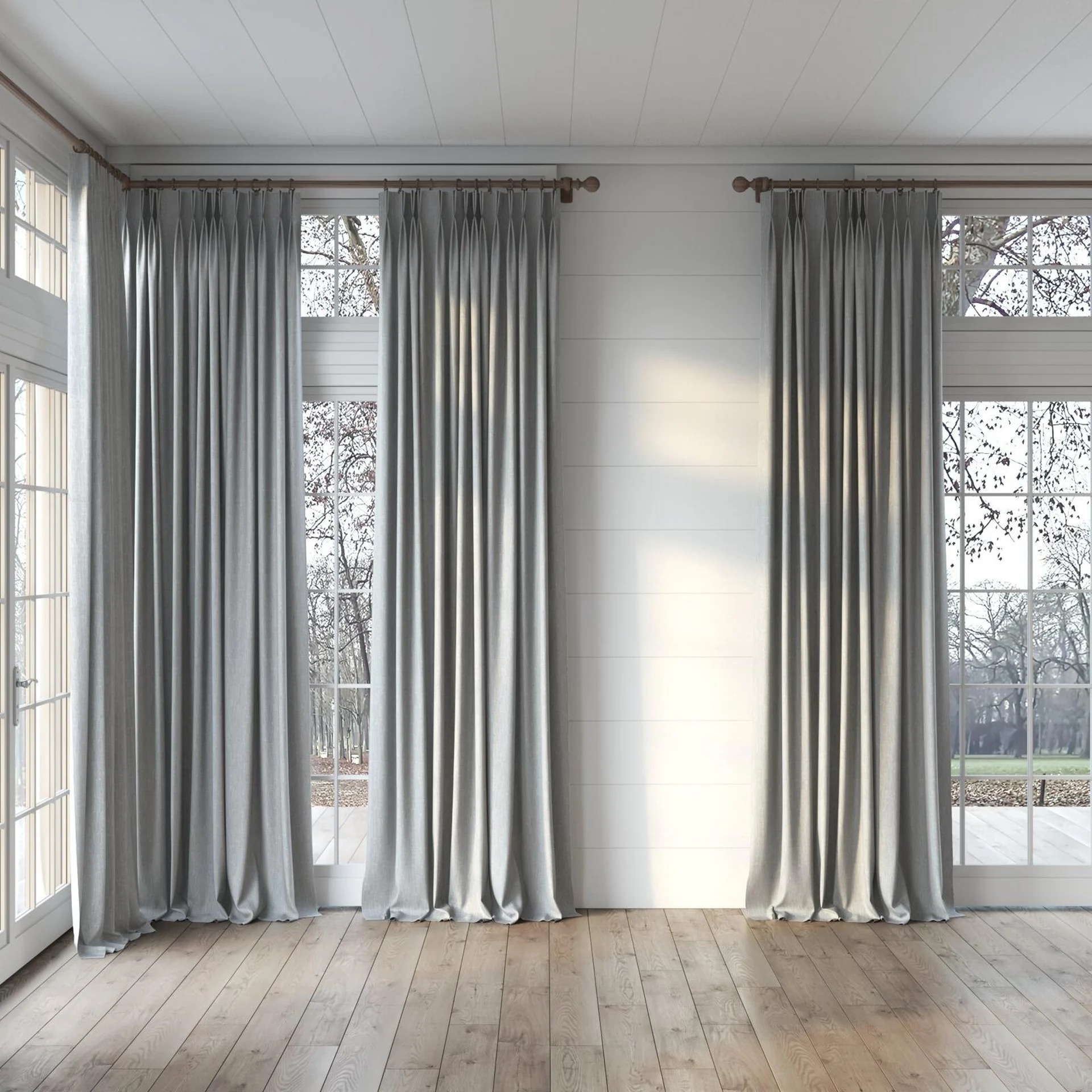 Full view of Element Silver Birch, puddled, on curtain rod