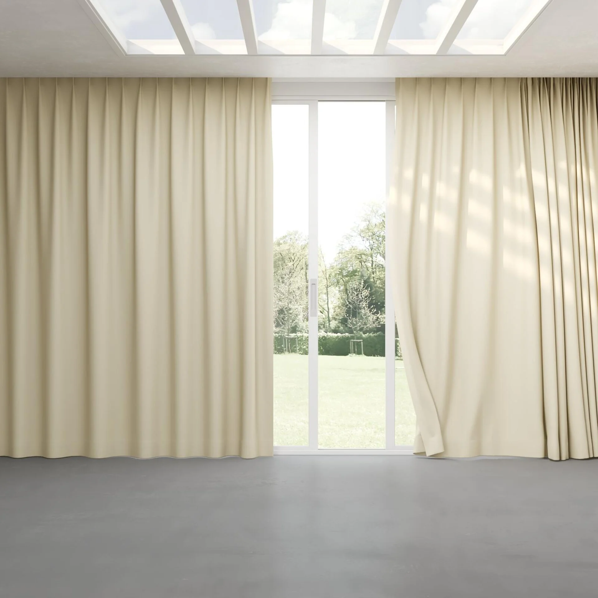 Full view of Vela Sand, pinch pleat