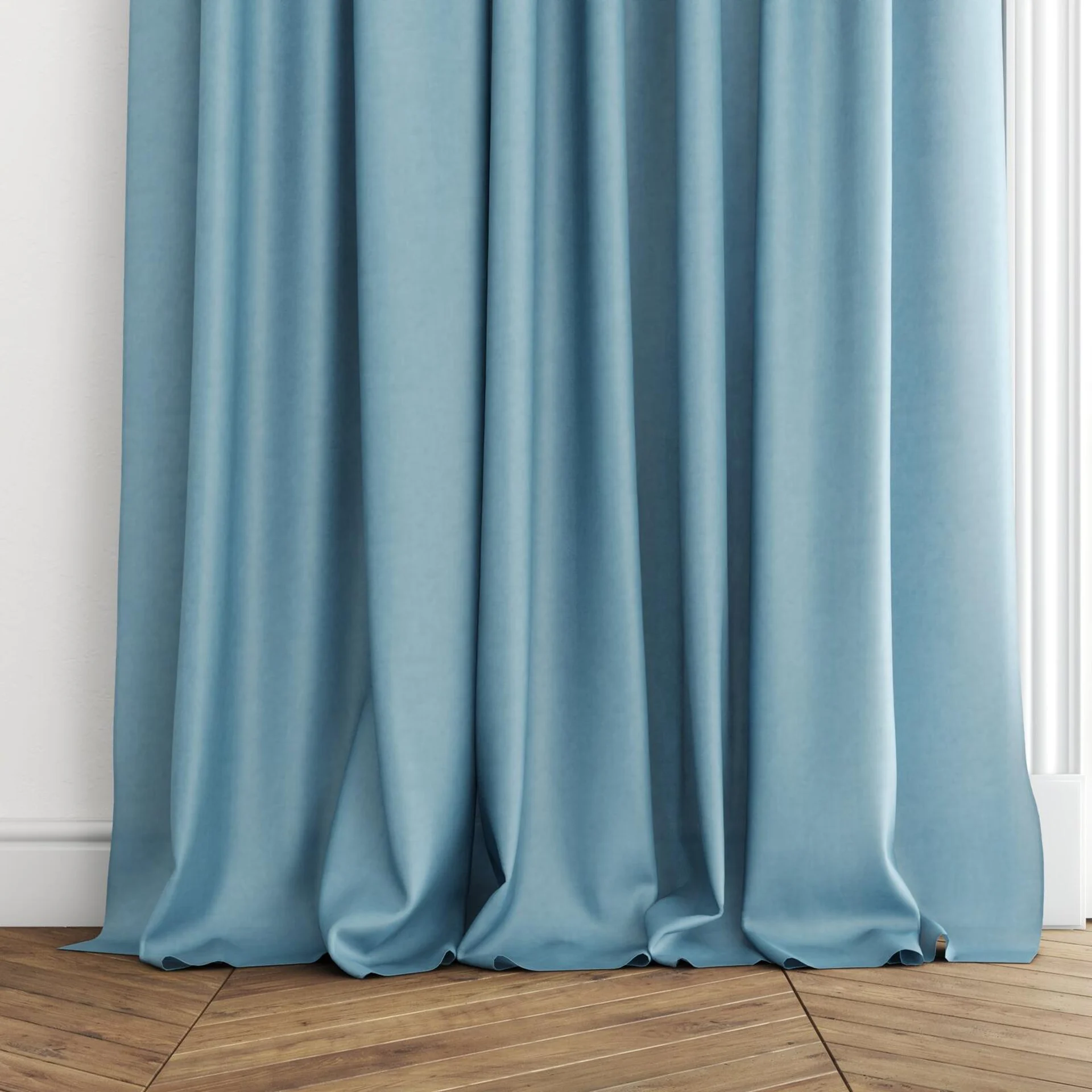 Bottom view of Flo II Aqua, puddled with pinch pleat, on curtain rod