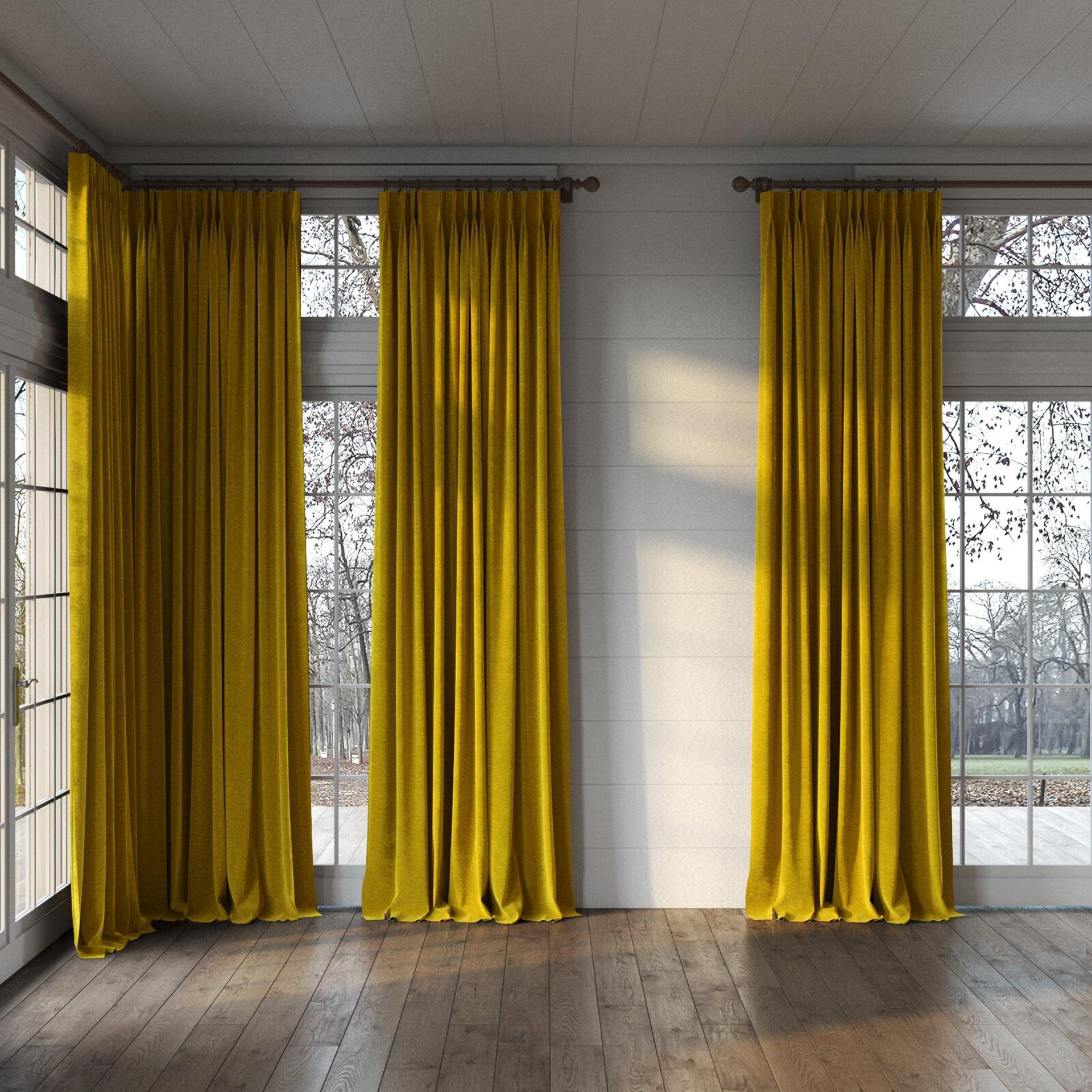 Full view of Geneva Gold, puddled, on curtain rod
