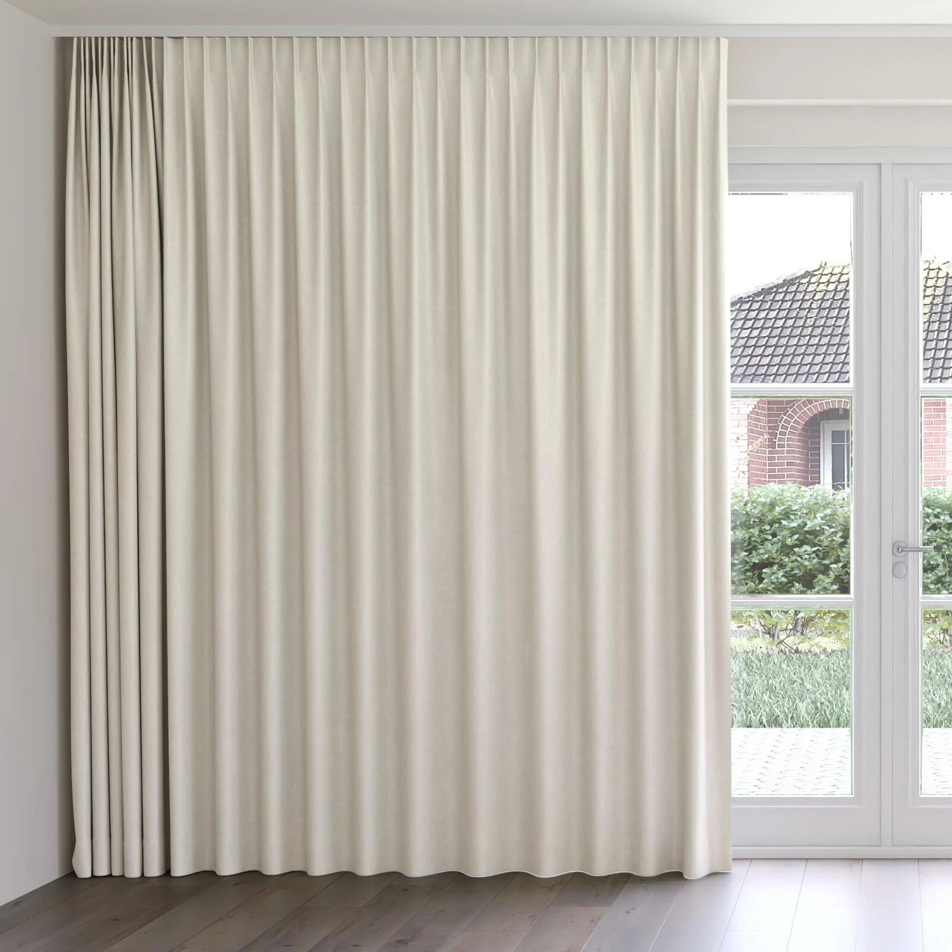Front view of Glamour Wool, on curtain rail