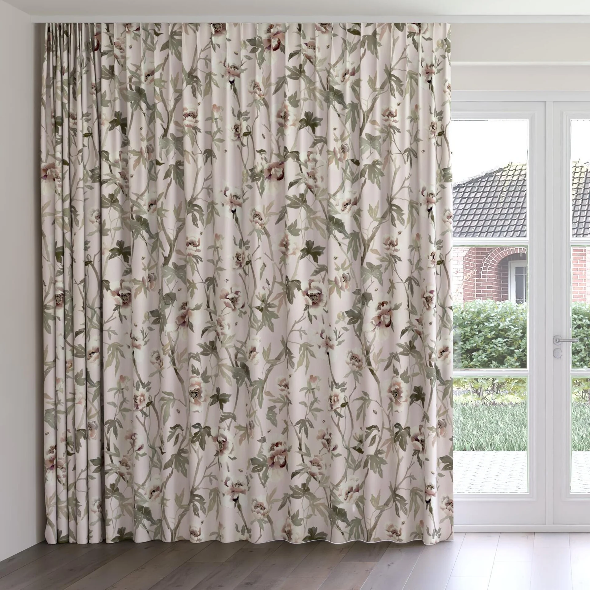 Front view of Peonia Blush, on curtain rail
