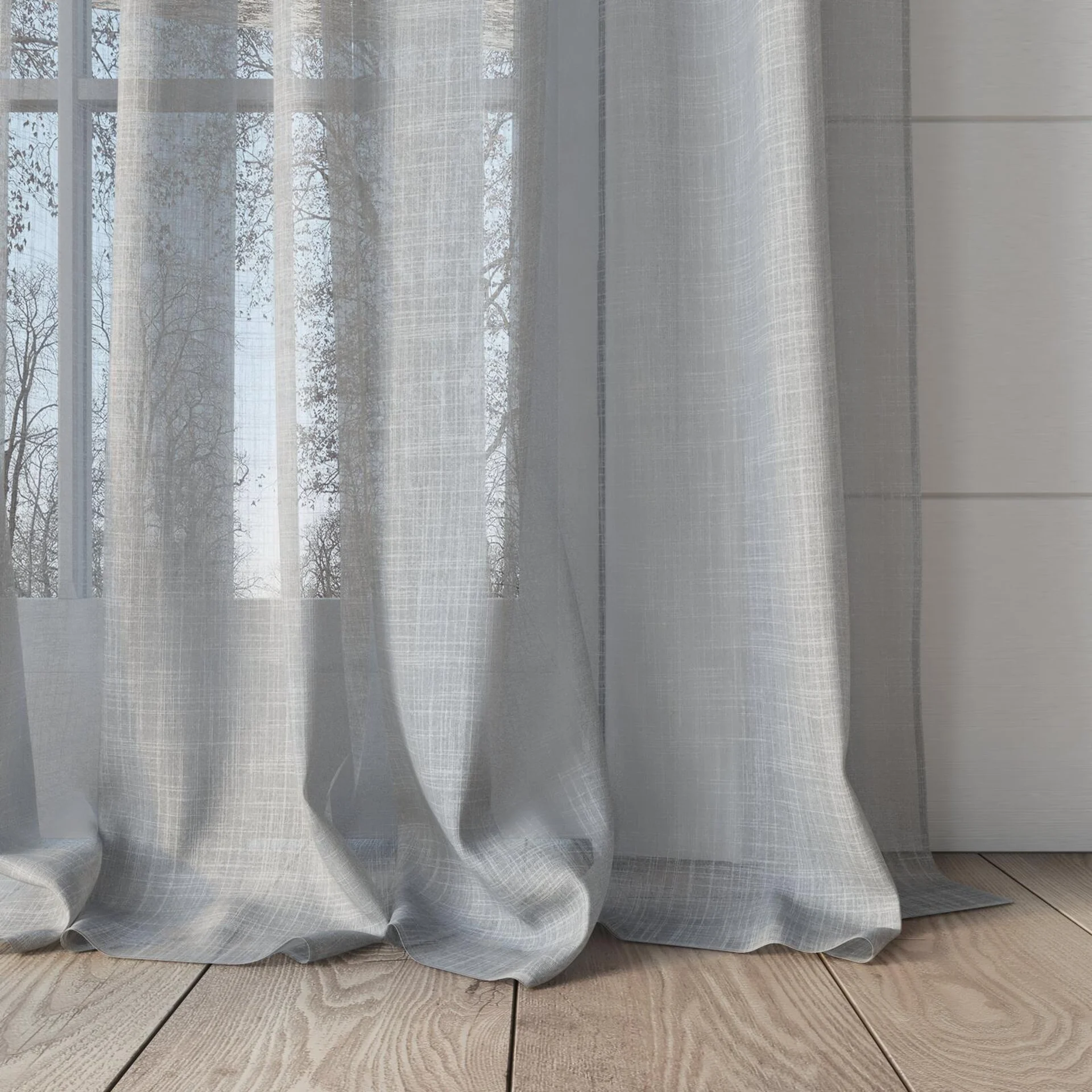 Bottom view of Kumo Recycled Silver Birch, puddled, on curtain rod