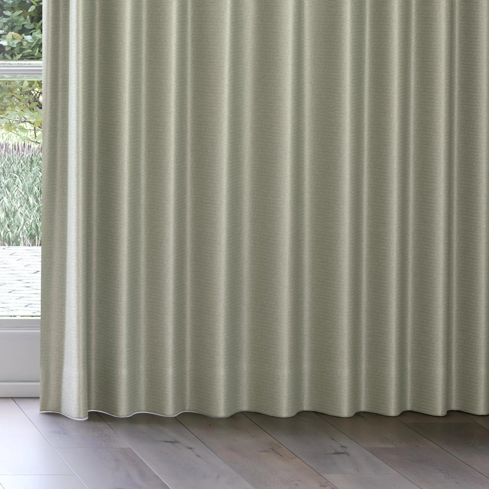 Bottom view of Kennedy II Blackout Sage, on curtain rail