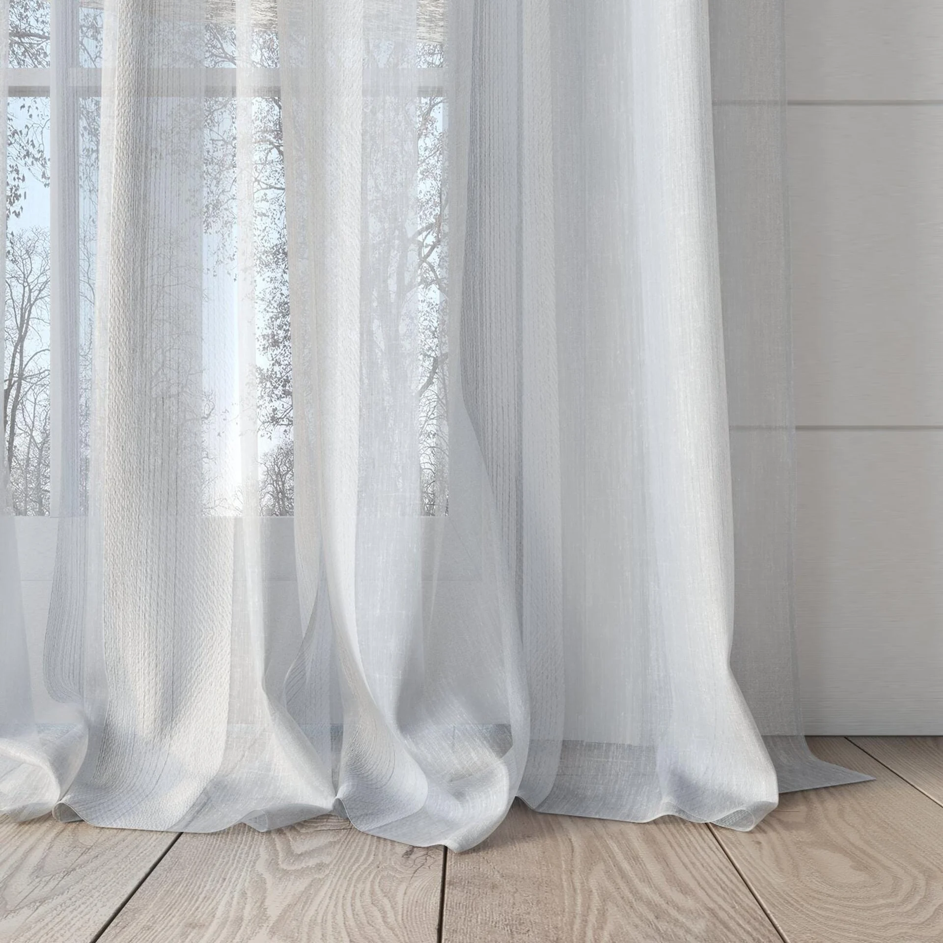 Bottom view of Emerge Cloud, puddled, on curtain rod