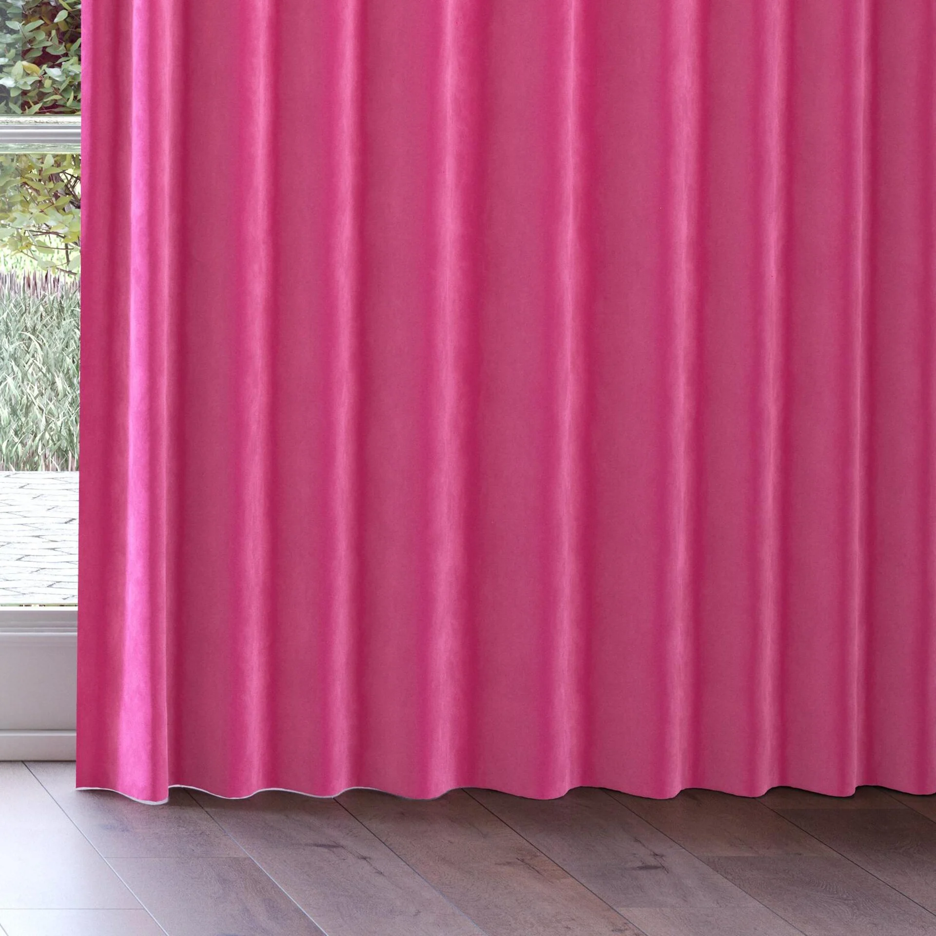 Bottom view of Lux Velvet Cerise 8509, on curtain rail
