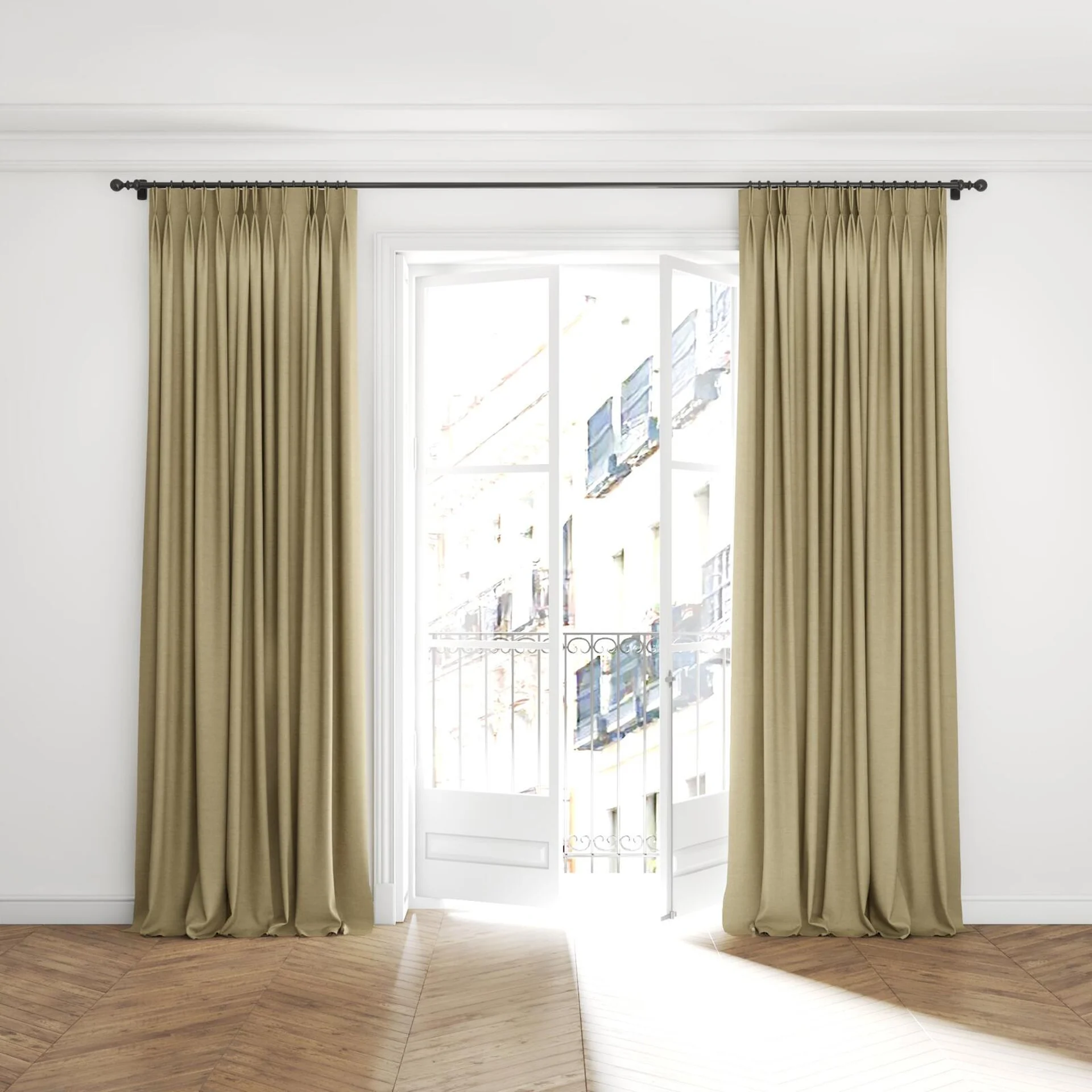 Full view of Drama Putty, puddled with pinch pleat, on curtain rod