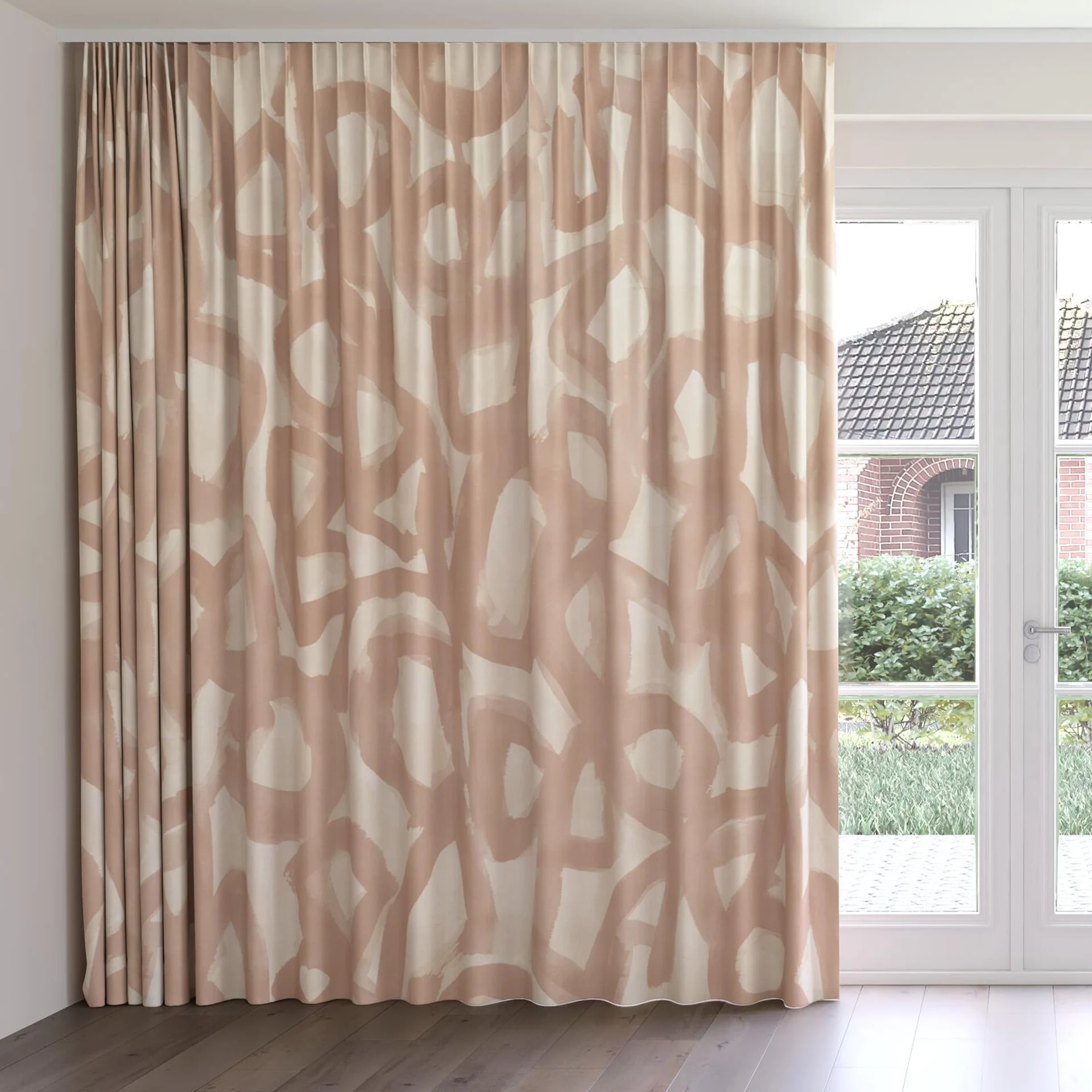 Front view of Abstraction Earthenware, on curtain rail