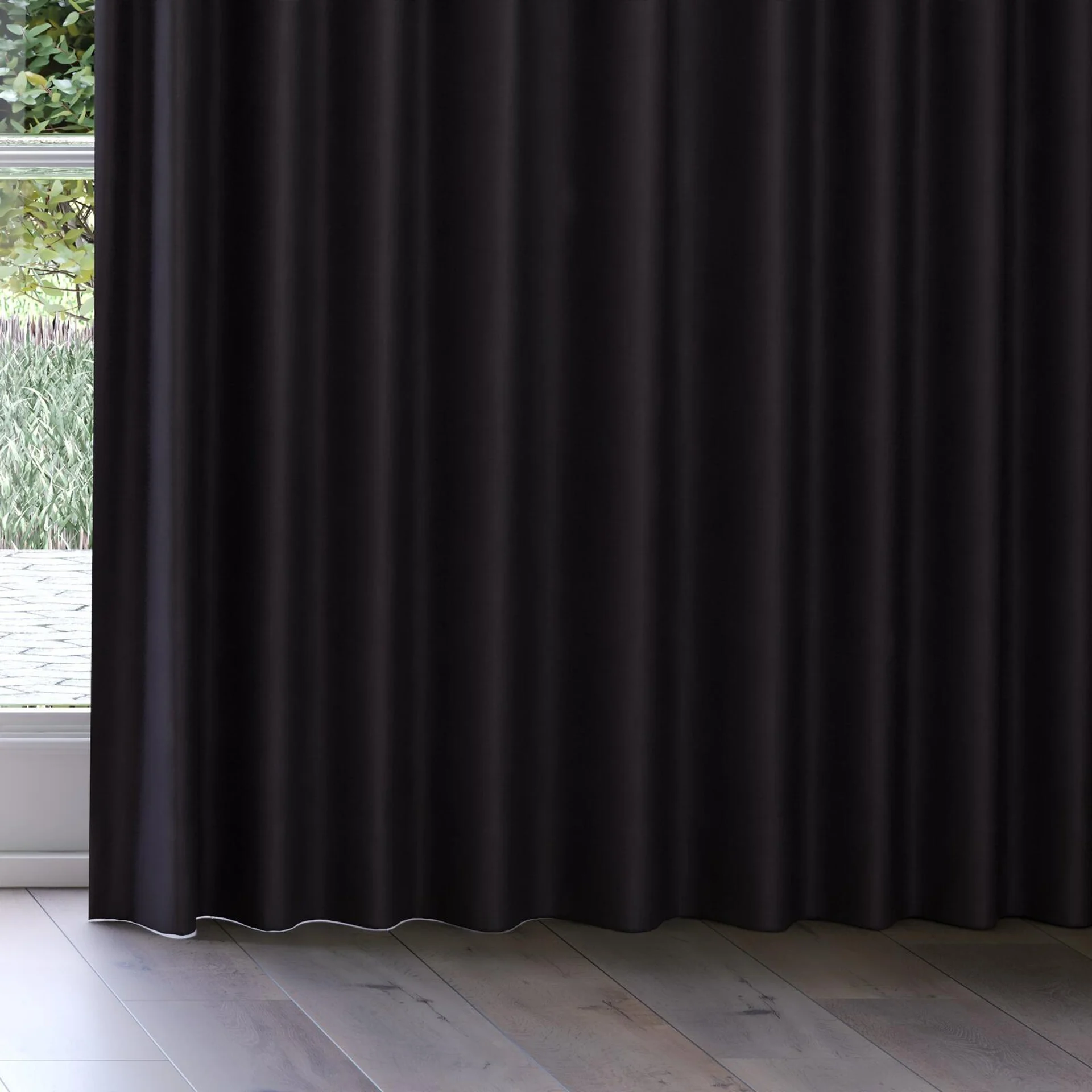 Bottom view of Loci Dim Out Onyx, on curtain rail
