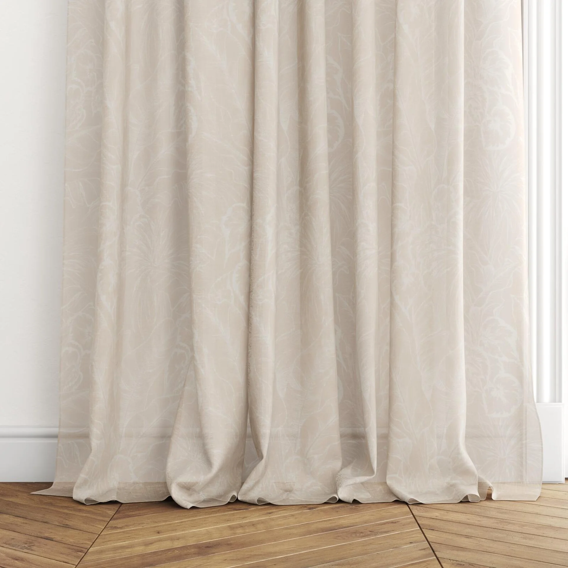 Bottom view of Palmery Pink Clay, puddled with pinch pleat, on curtain rod