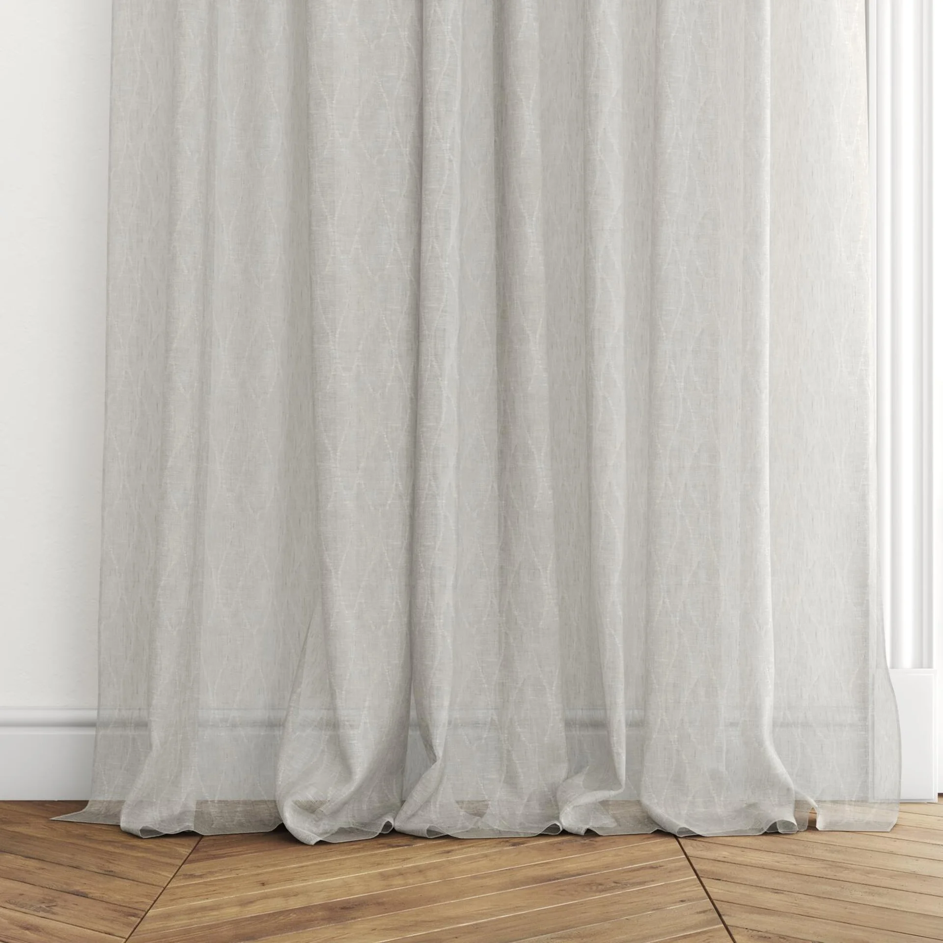 Bottom view of Henriette Mist, puddled with pinch pleat, on curtain rod