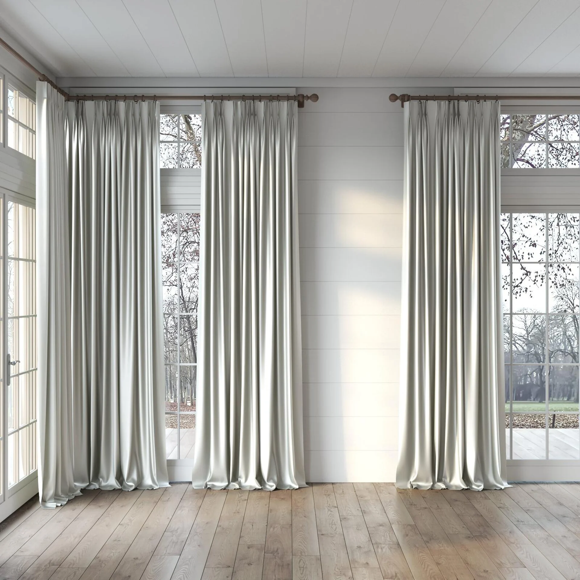 Full view of North Face Ivory, puddled, on curtain rod