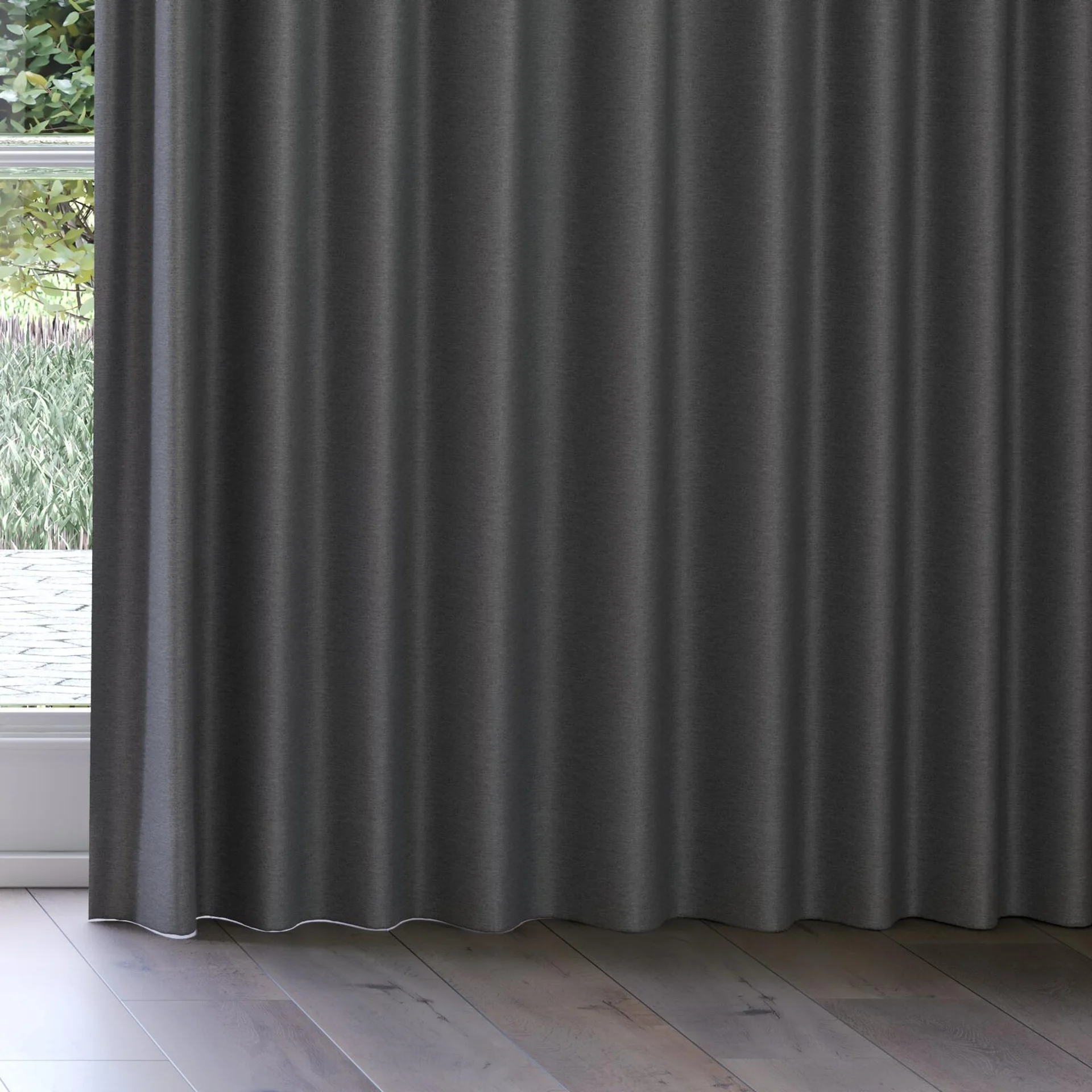 Bottom view of Duede Charcoal, on curtain rail