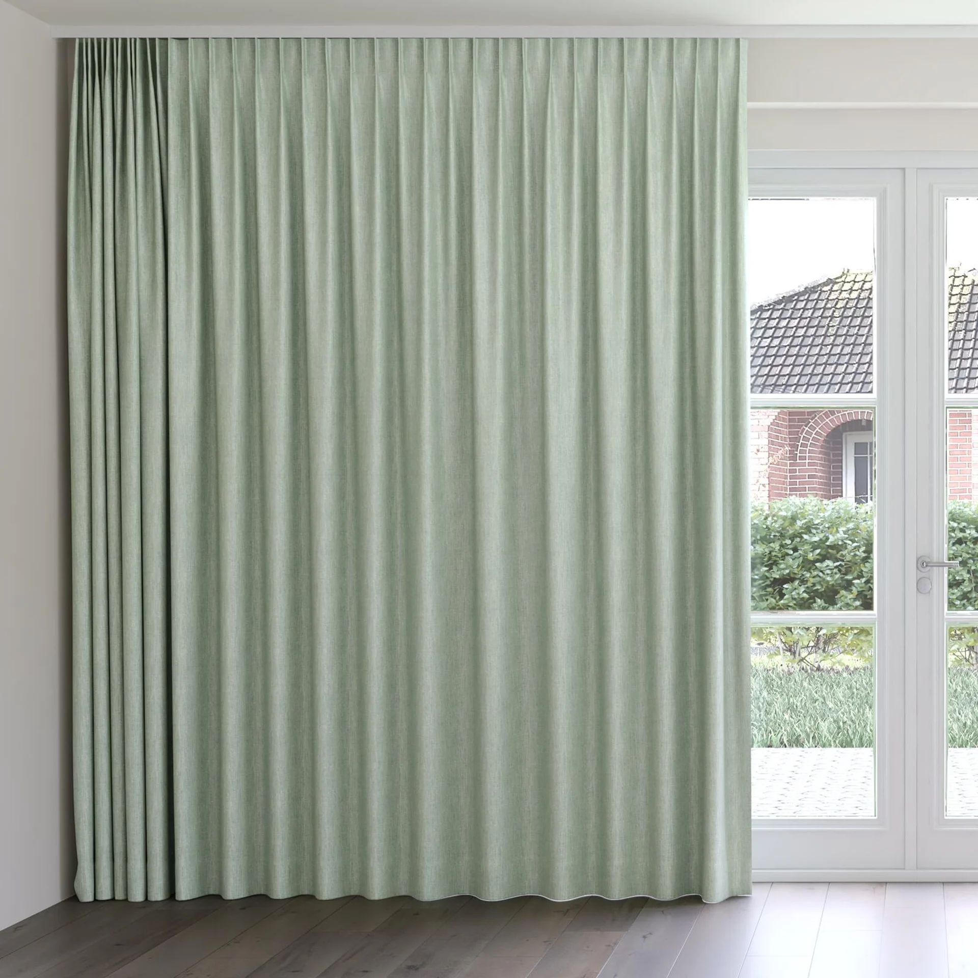 Front view of Trezor Lime, on curtain rail