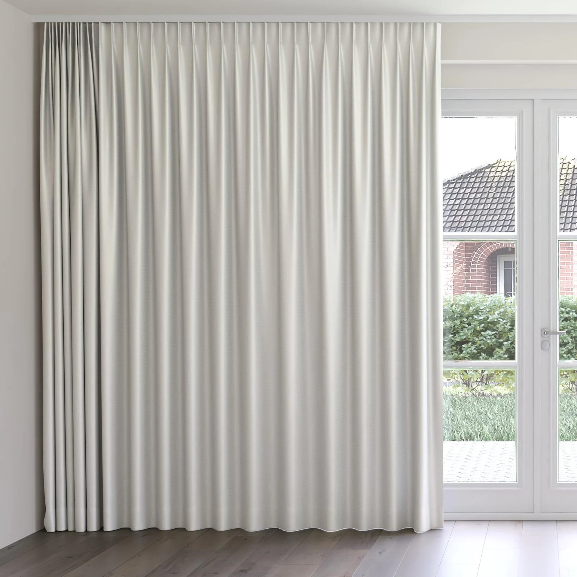 Front view of Kennedy II Blackout Bone, on curtain rail