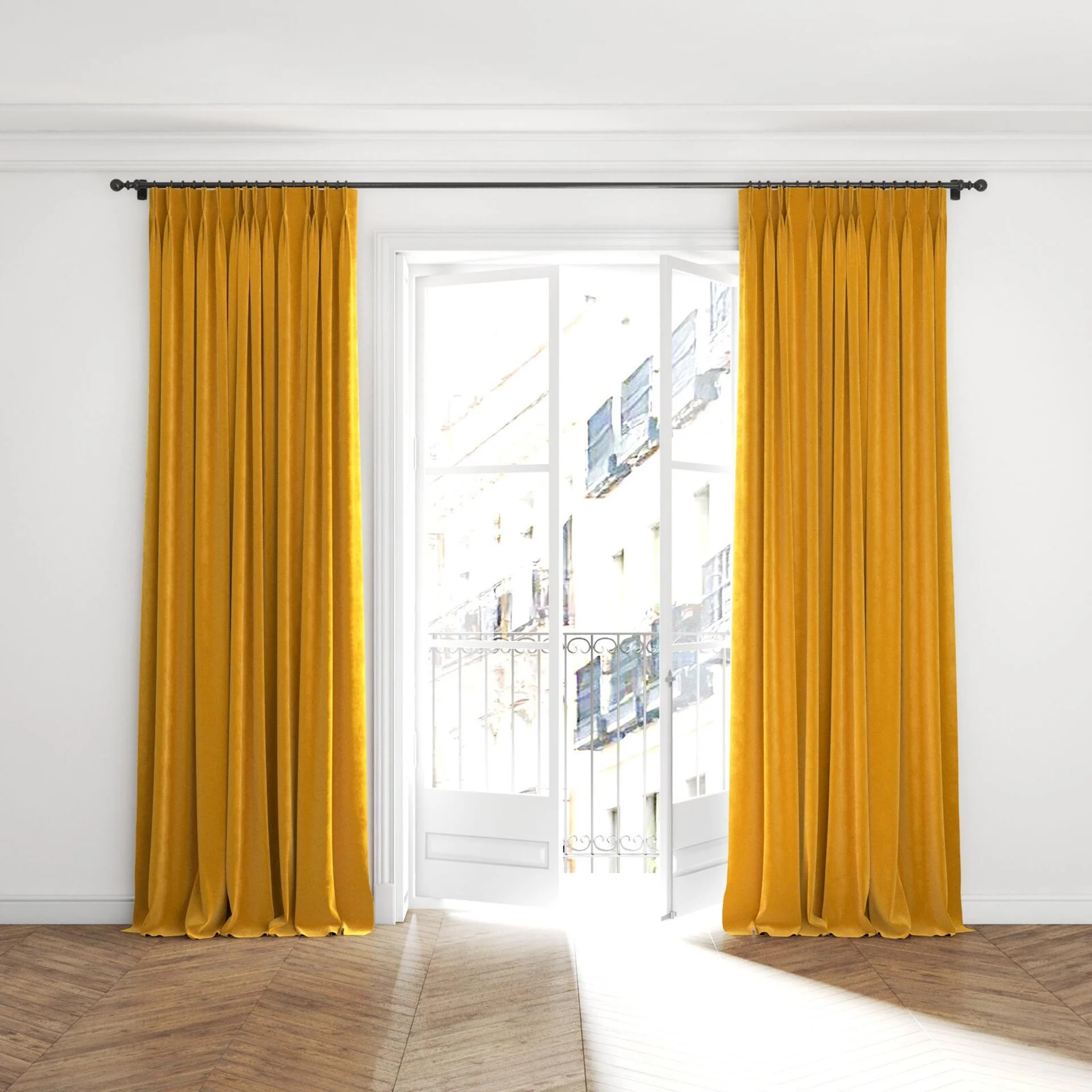 Full view of Lux Velvet Gold 8201, puddled with pinch pleat, on curtain rod