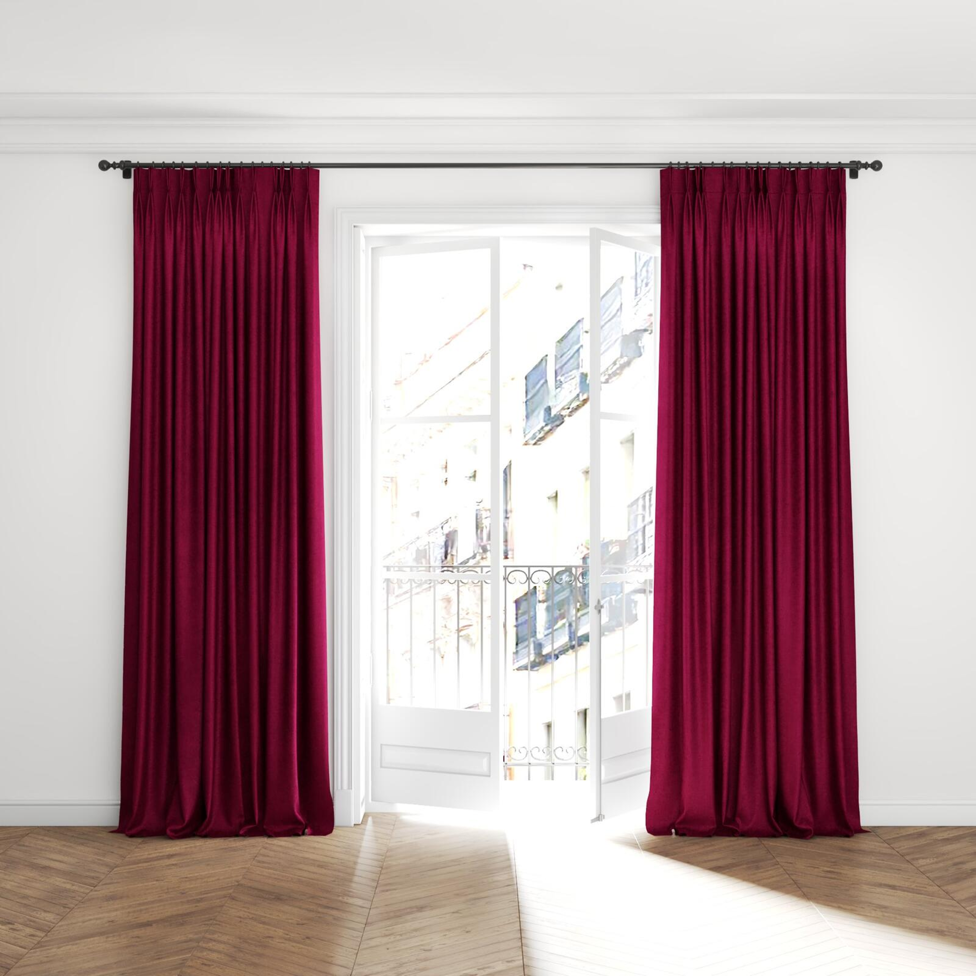Full view of Hug Peony, puddled with pinch pleat, on curtain rod