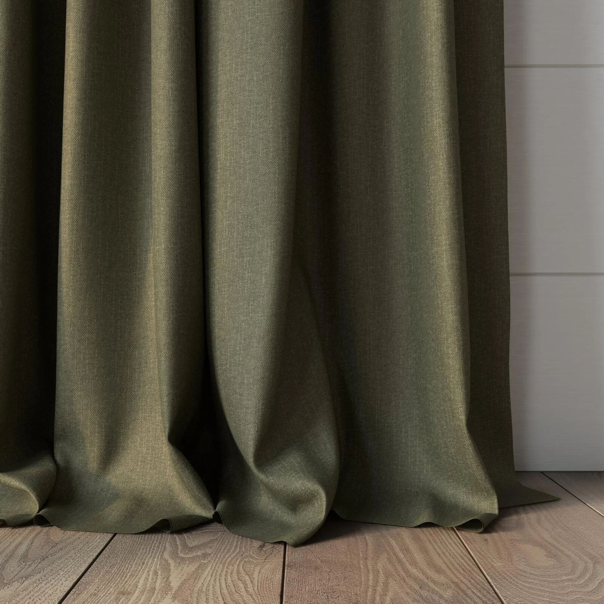 Bottom view of Excel Khaki, puddled, on curtain rod