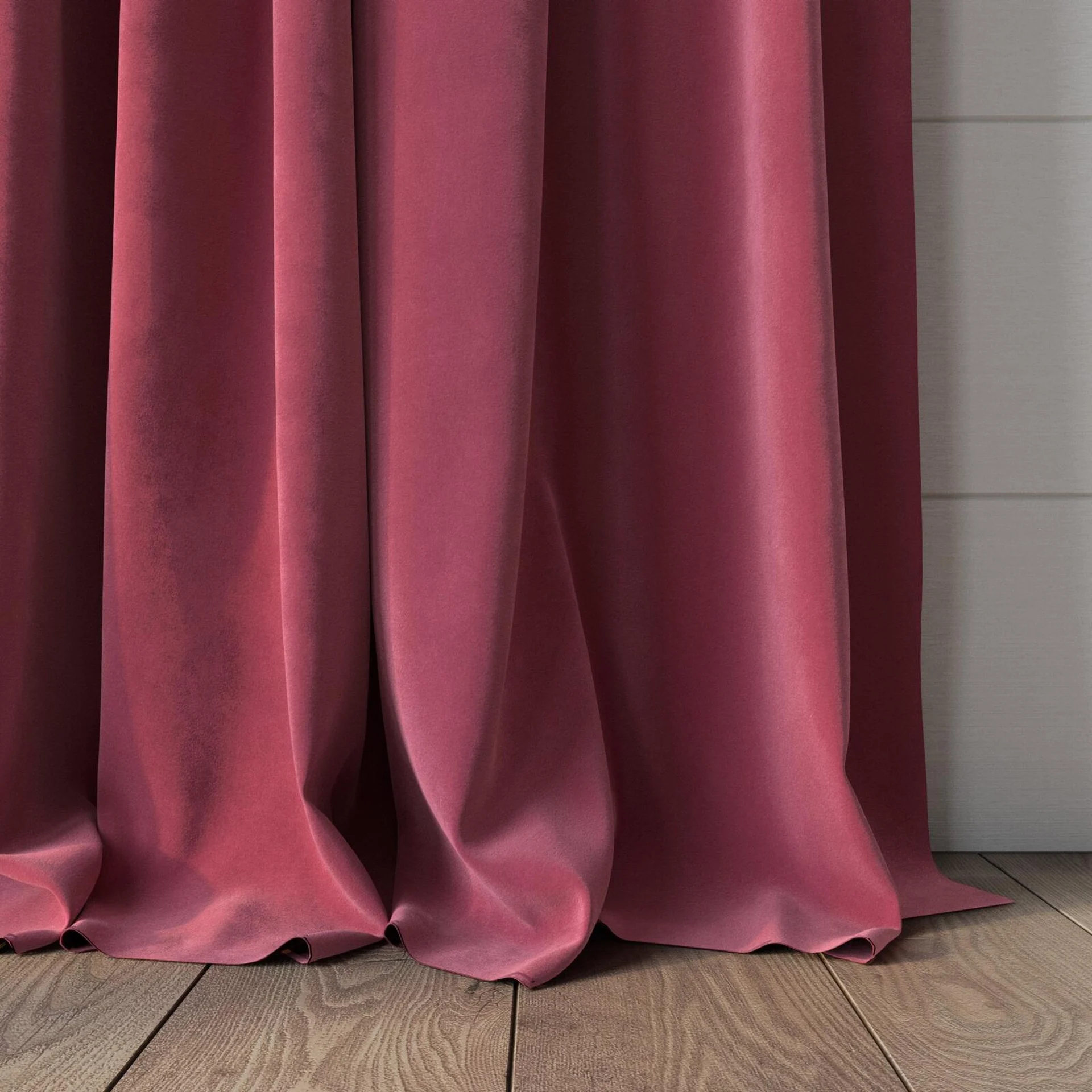 Bottom view of Lux Velvet Carmine 8501, puddled, on curtain rod