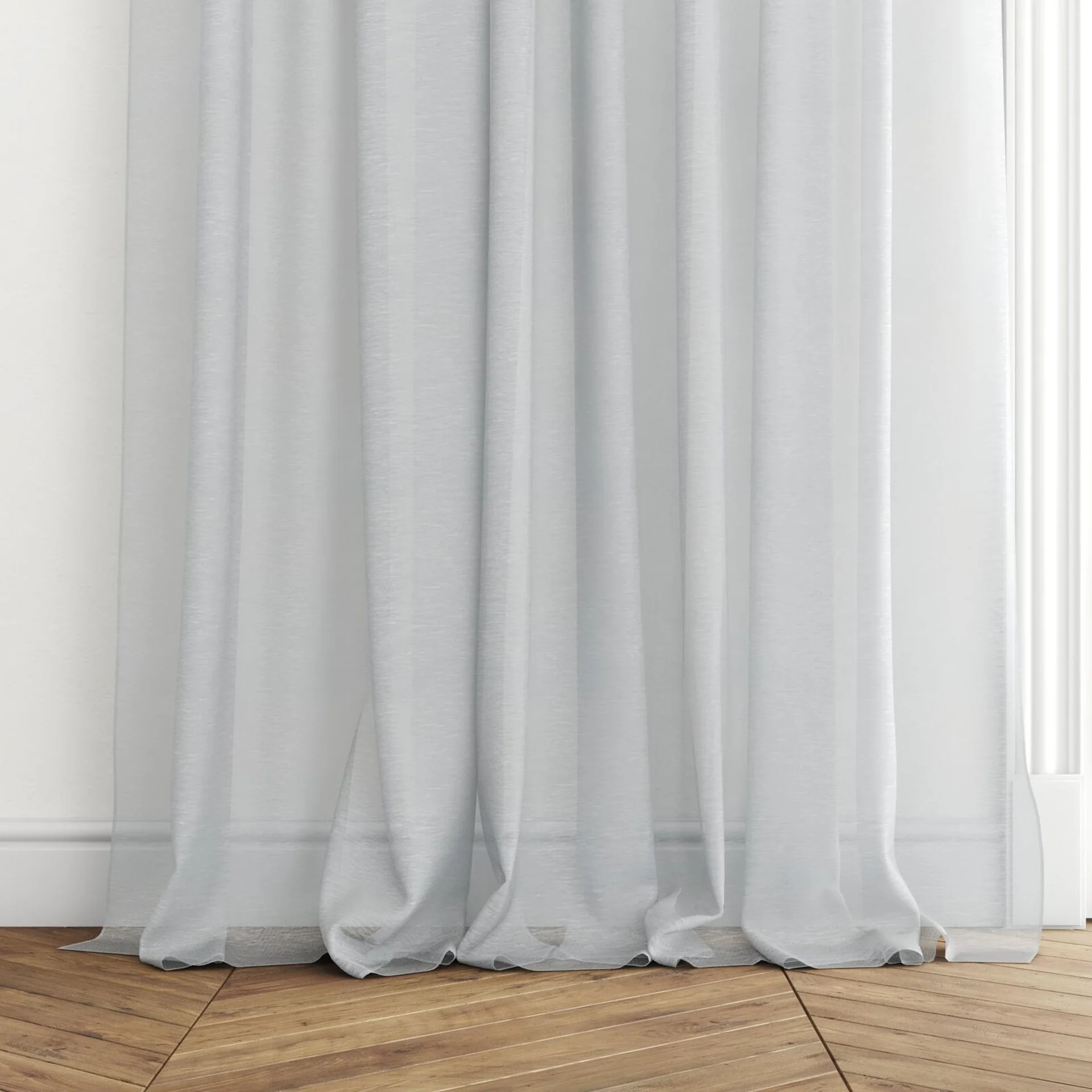 Bottom view of Locomotion Aqua, puddled with pinch pleat, on curtain rod