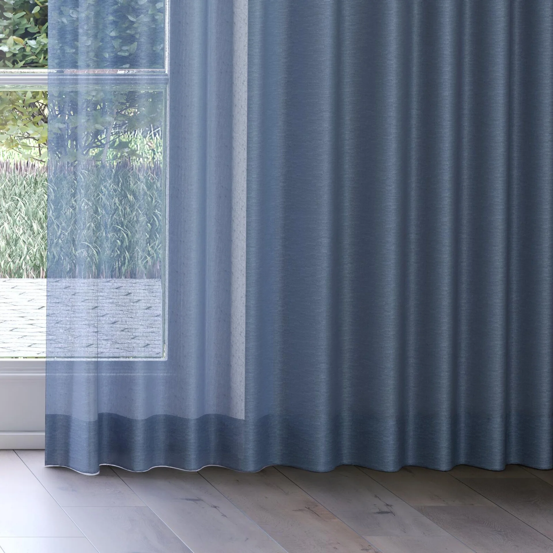 Bottom view of Alcova Denim, on curtain rail
