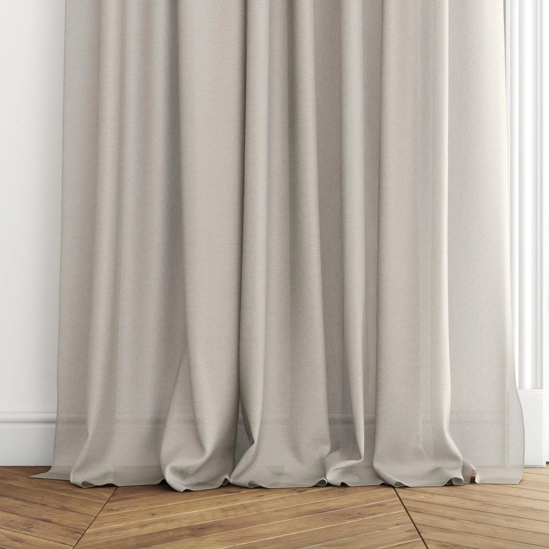 Bottom view of Alcova Oyster, puddled with pinch pleat, on curtain rod