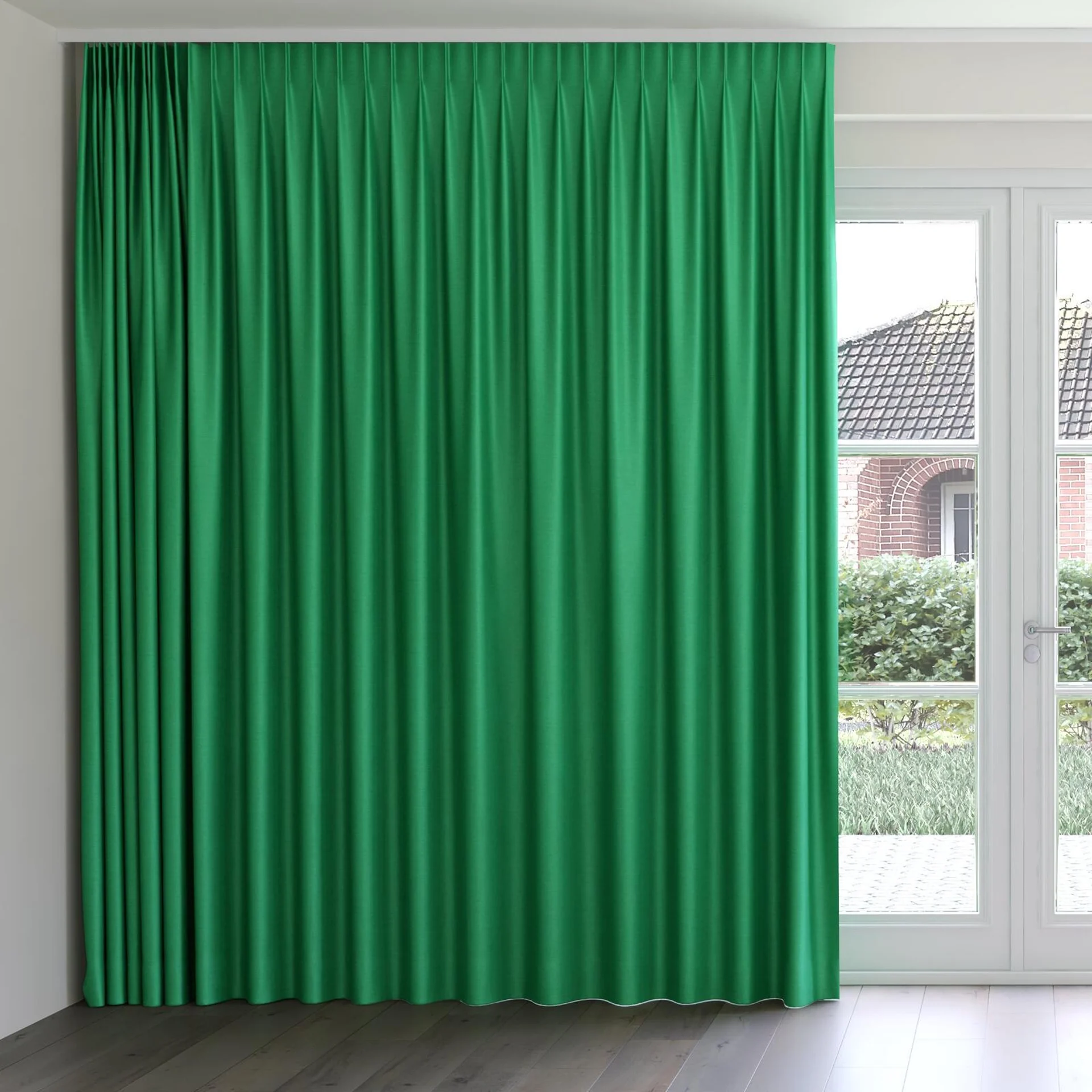 Front view of Provence Emerald, on curtain rail