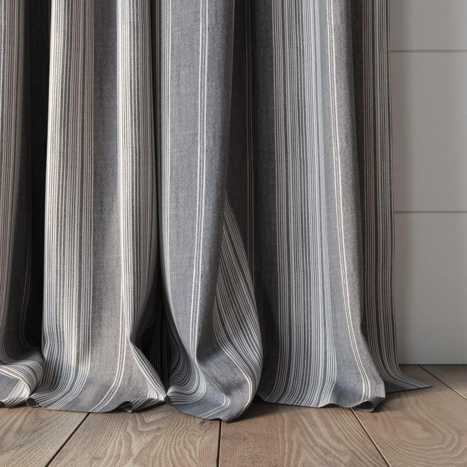 Bottom view of Chambray Multi Black, puddled, on curtain rod