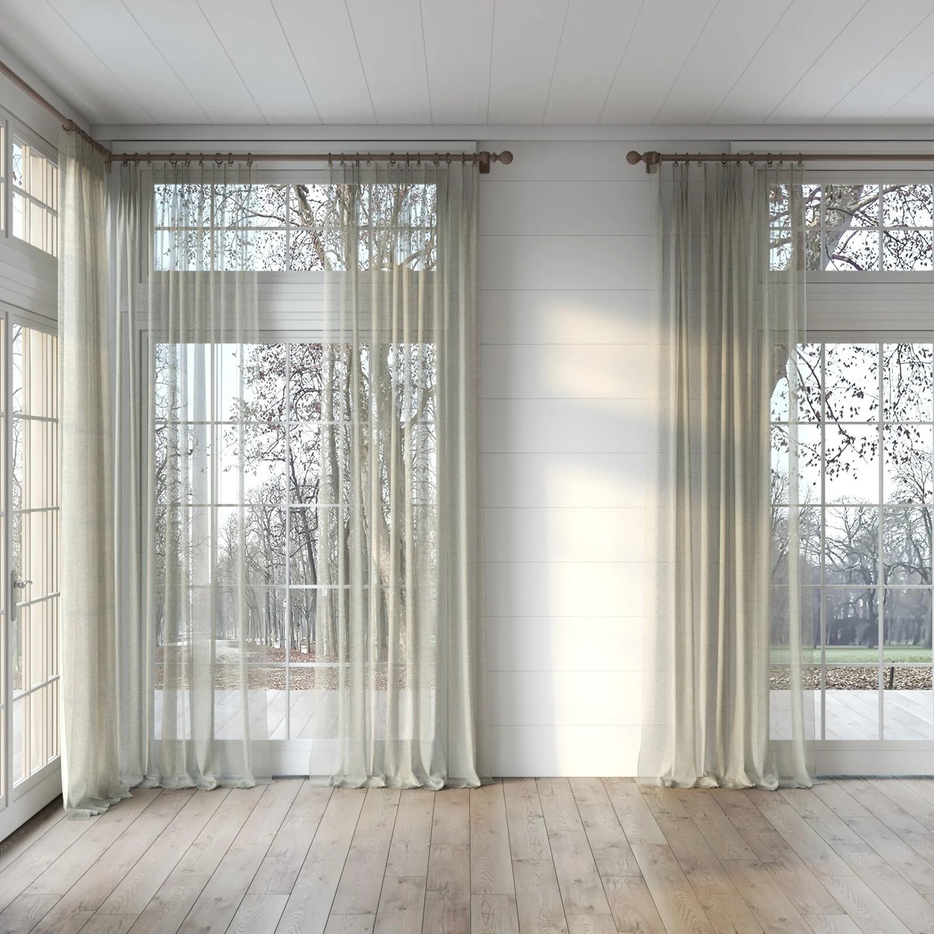 Full view of Pure Linen Chinchilla, puddled, on curtain rod