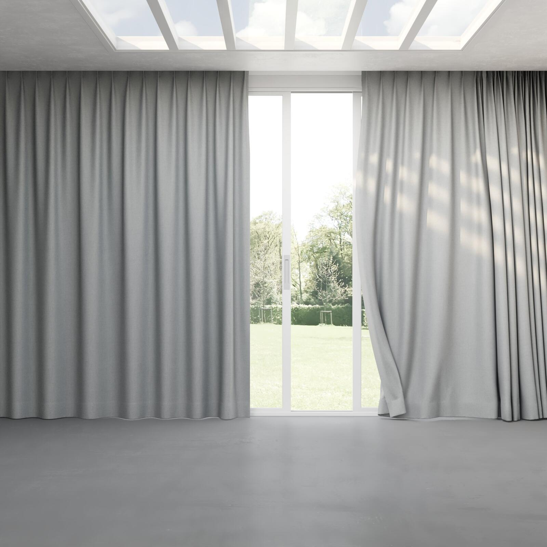 Full view of Stonewall Blackout Steel, pinch pleat