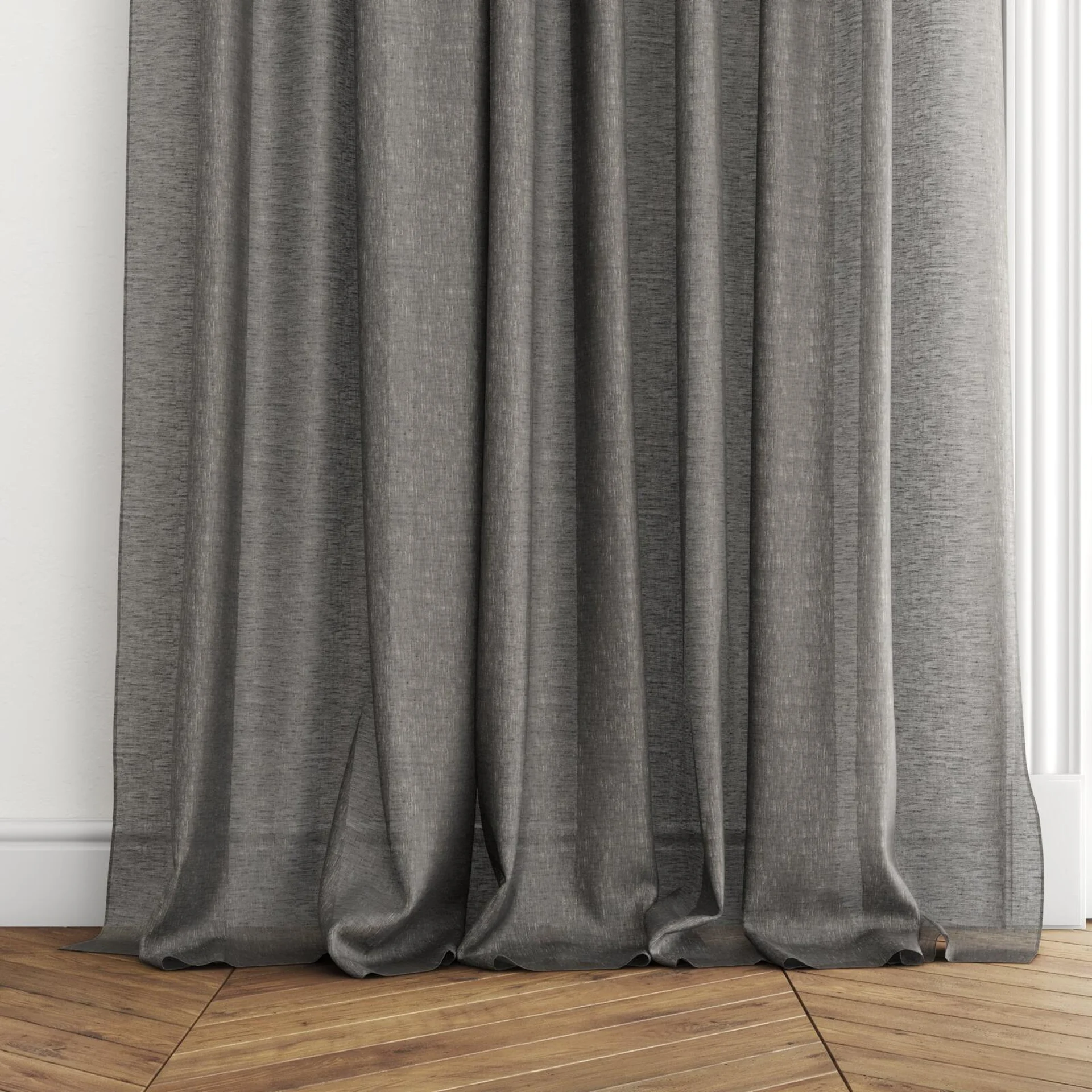 Bottom view of Laconia Air Granite, puddled with pinch pleat, on curtain rod