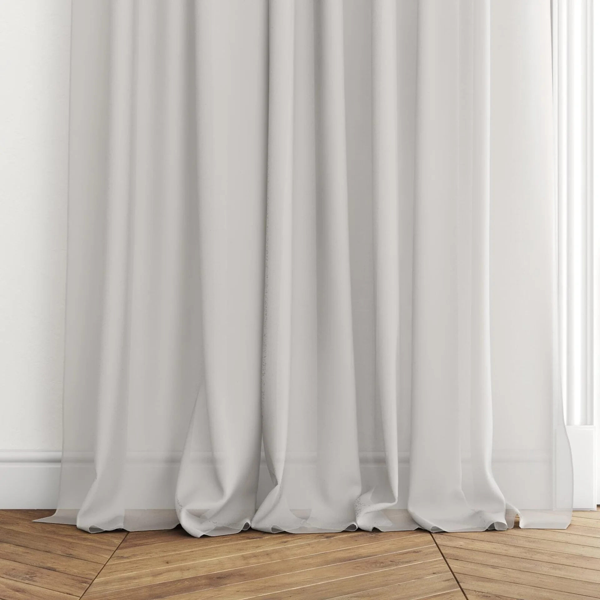 Bottom view of Zine Koala, puddled with pinch pleat, on curtain rod
