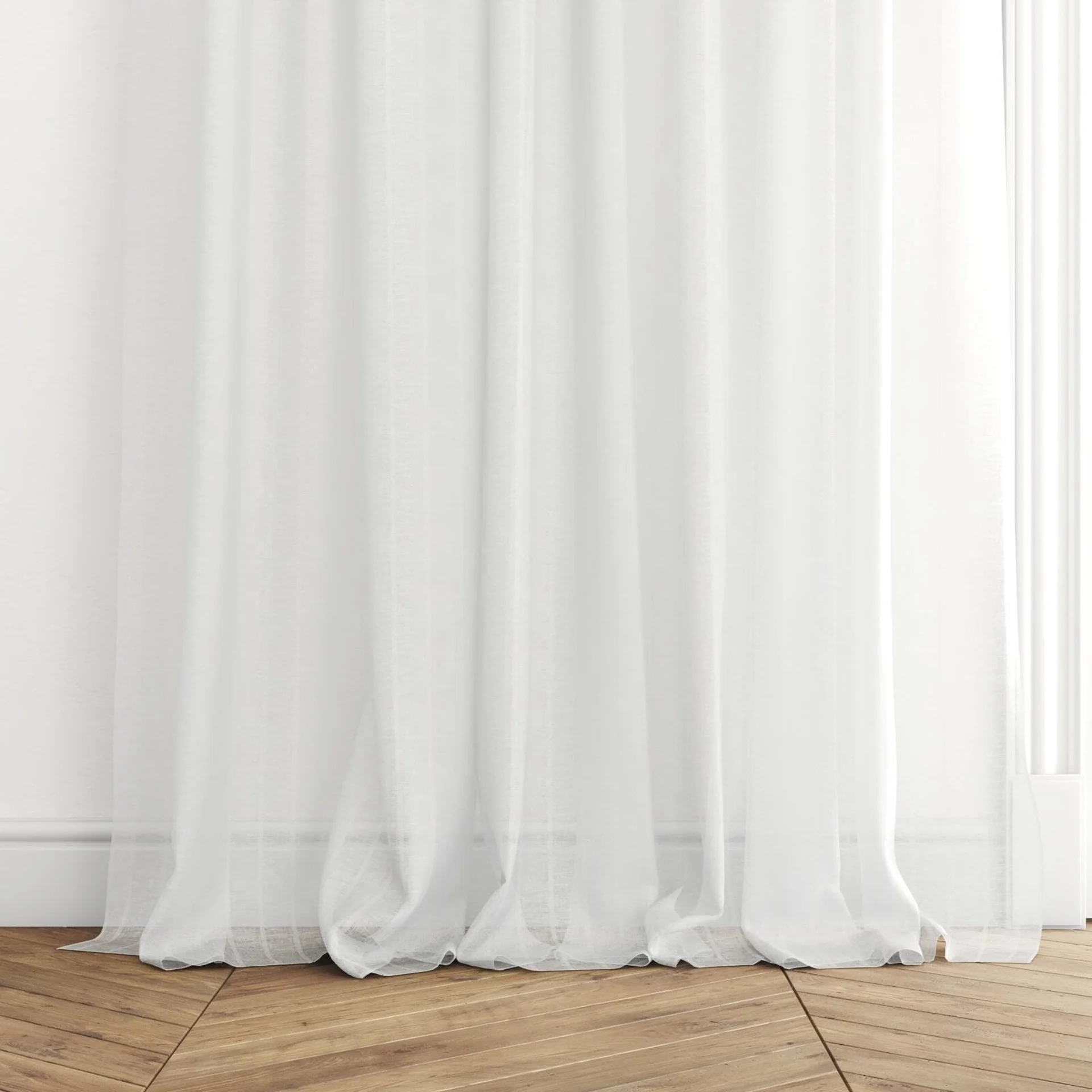 Bottom view of Verne Swan, puddled with pinch pleat, on curtain rod
