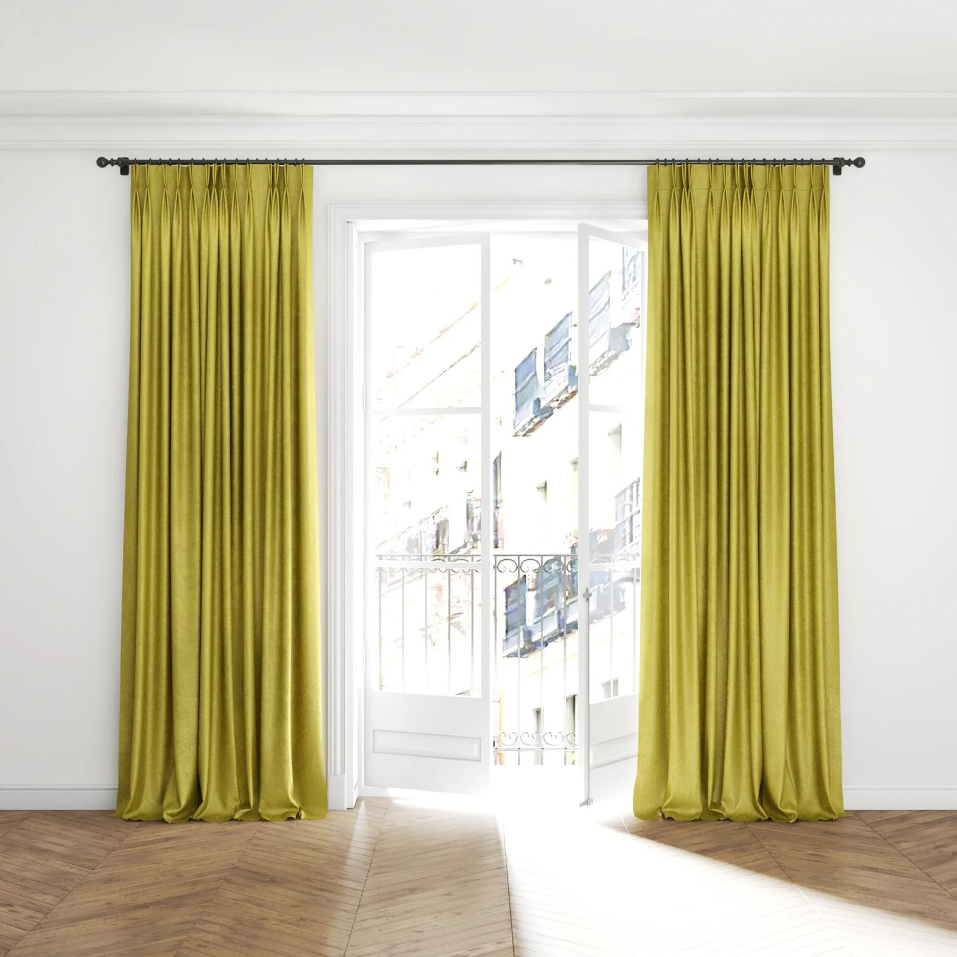 Full view of Hug Chartreuse, puddled with pinch pleat, on curtain rod