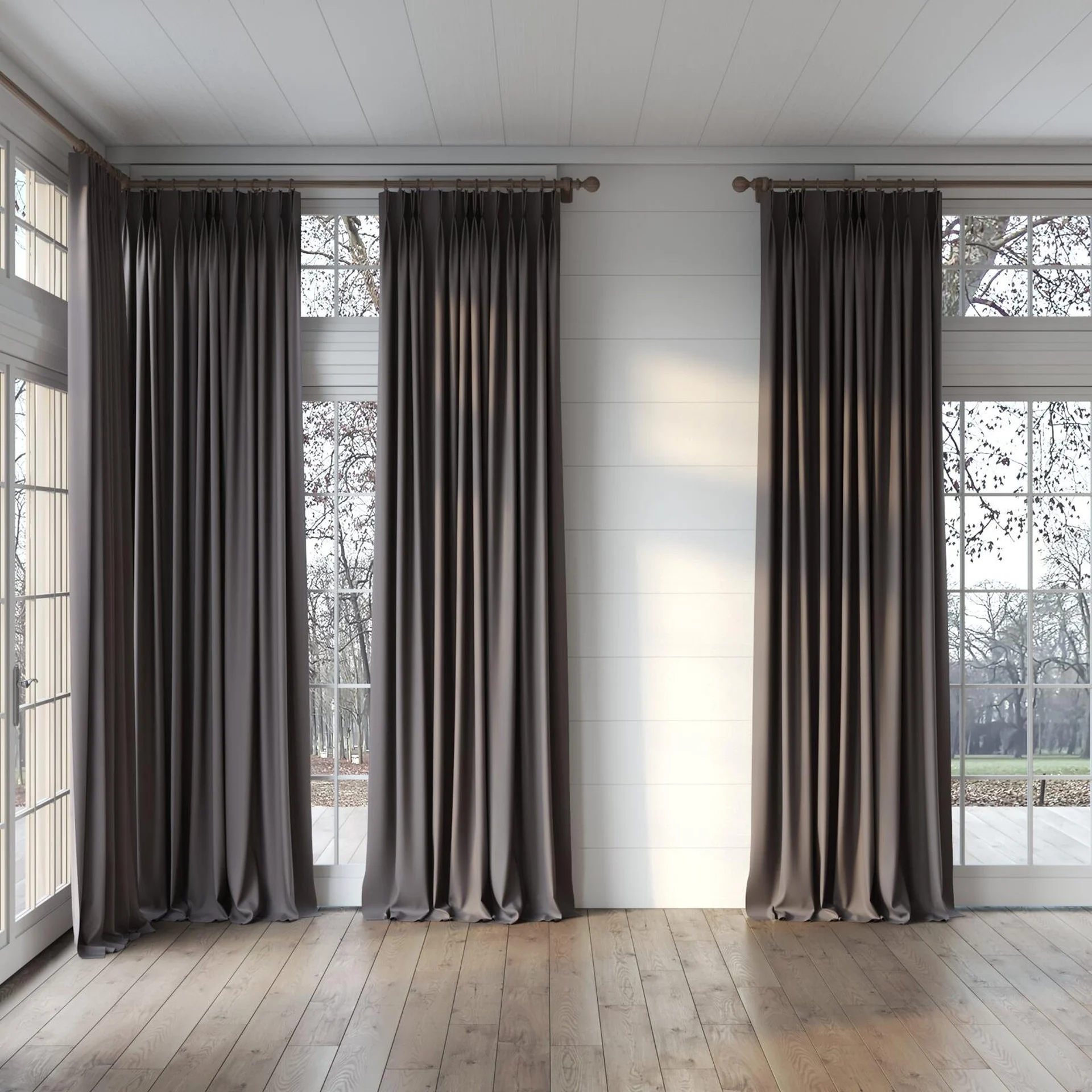 Full view of Vela Sterling, puddled, on curtain rod