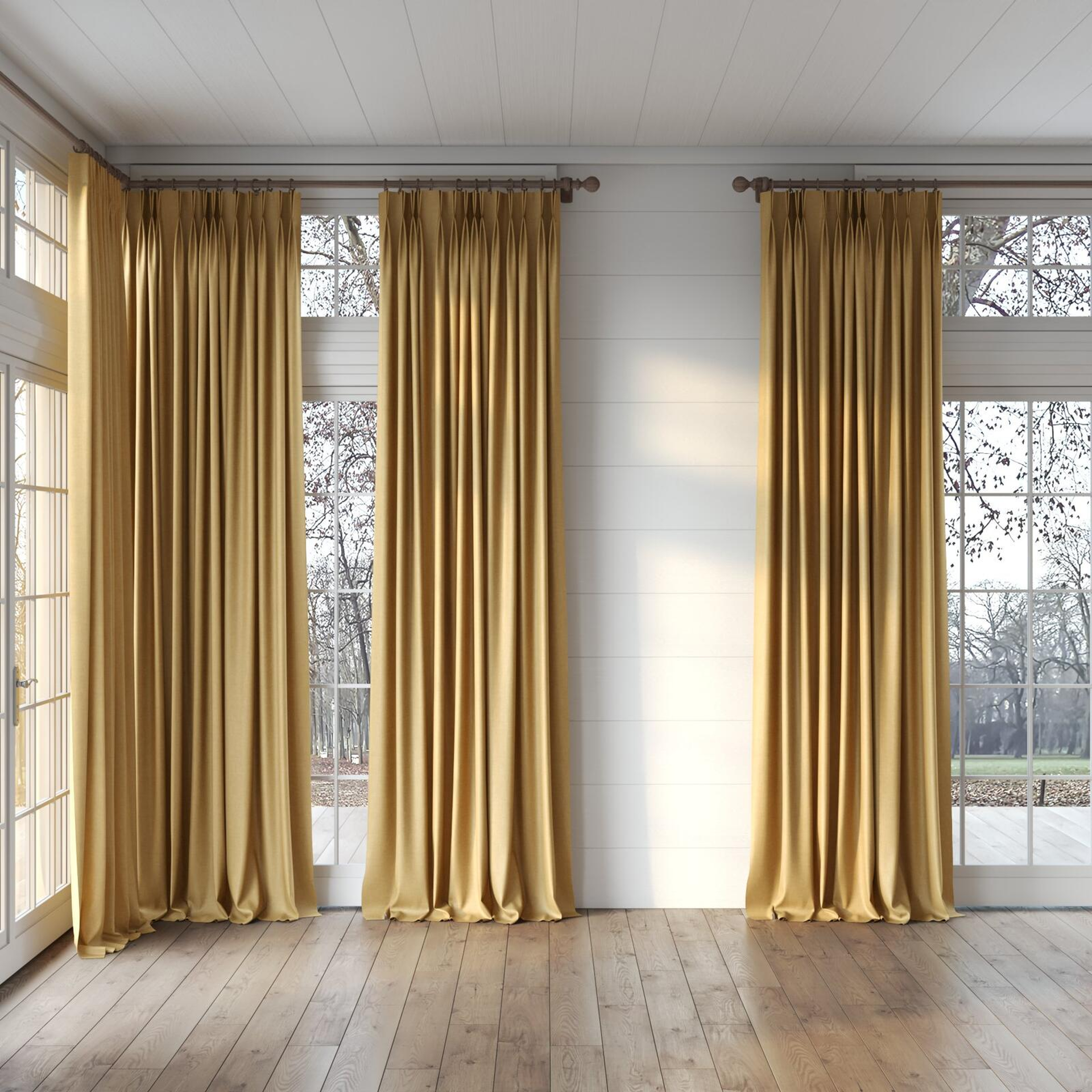 Full view of Perfecto Nugget, puddled, on curtain rod