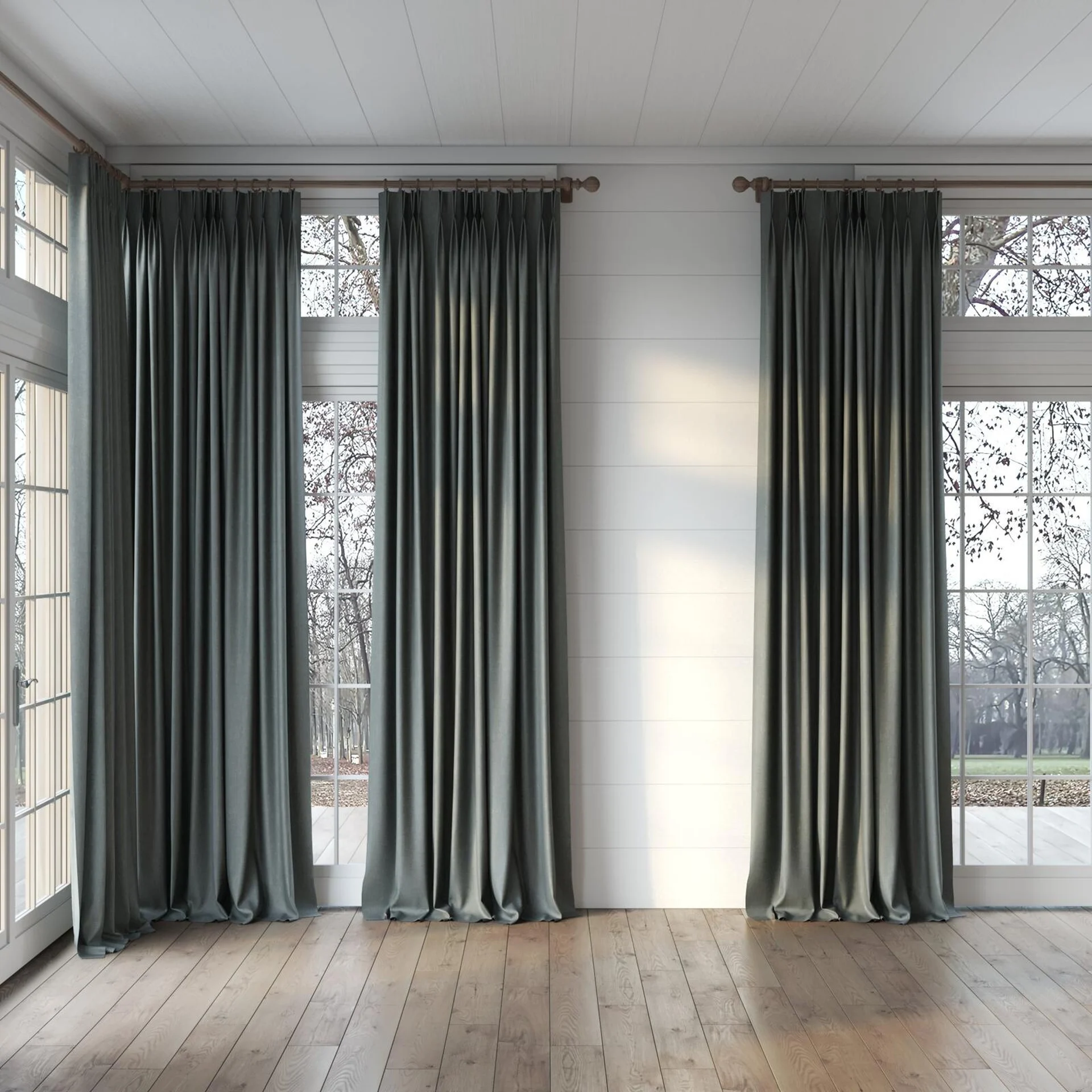 Full view of Perfecto Steel, puddled, on curtain rod