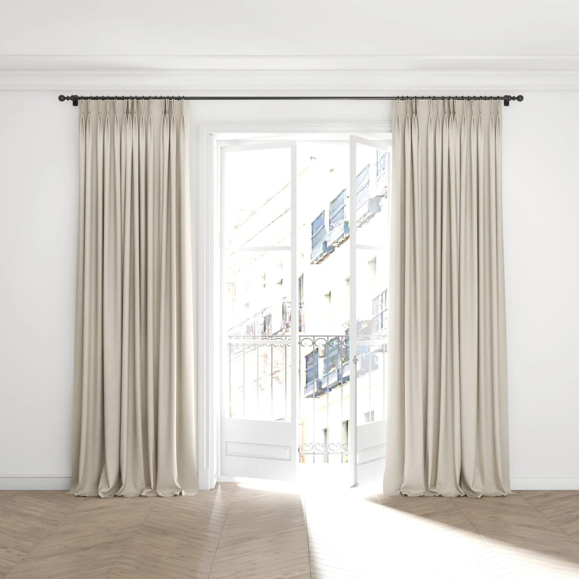 Full view of Casual Desert, puddled with pinch pleat, on curtain rod