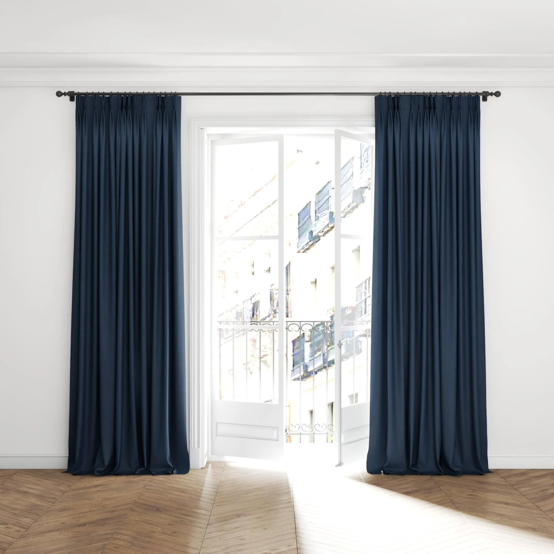 Full view of Bravo Marine, puddled with pinch pleat, on curtain rod